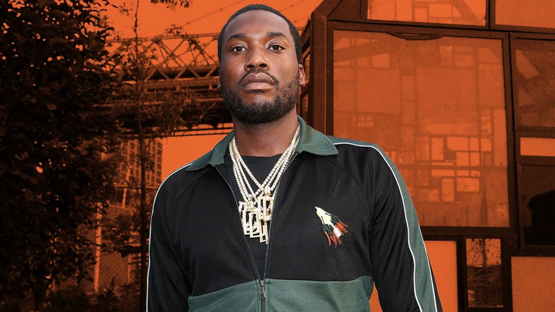 Meek Mill, black and green track jacket, layered gold chains, Full HD Desktop Wallpaper