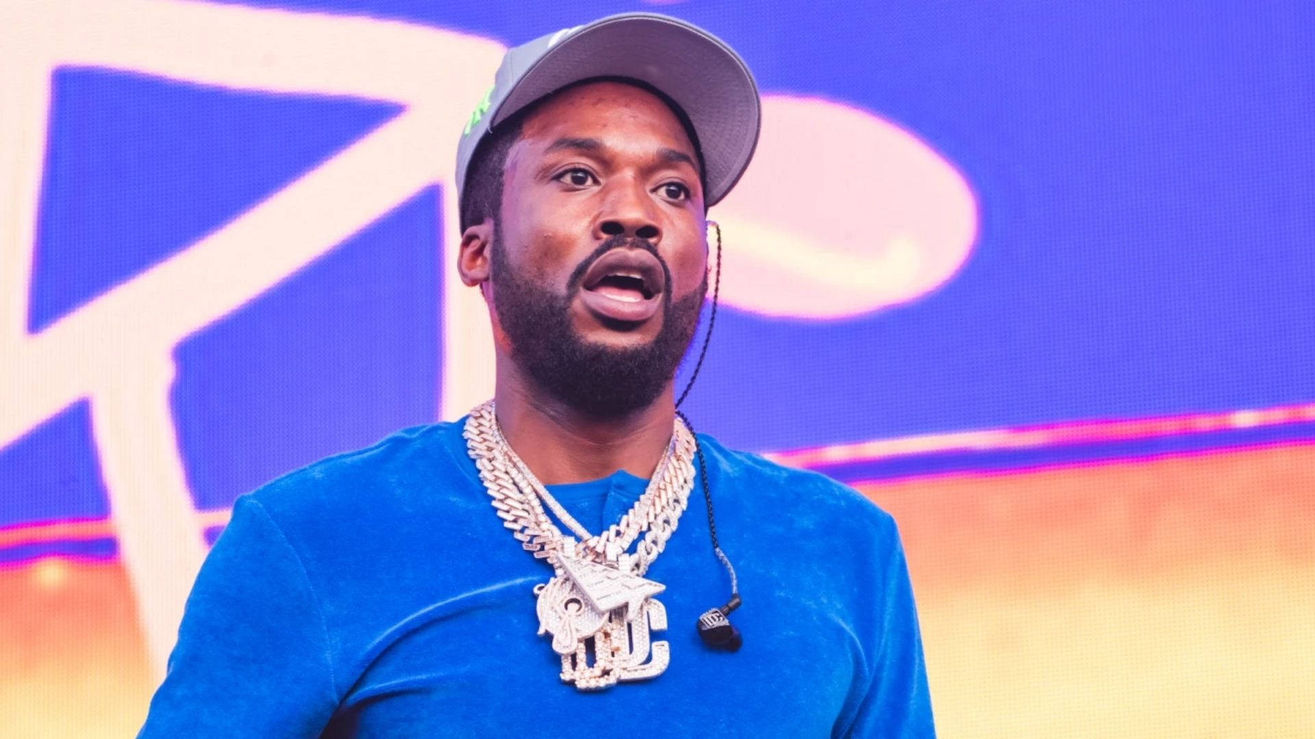 Meek Mill, blue shirt, gold chains, Full HD Desktop Wallpaper