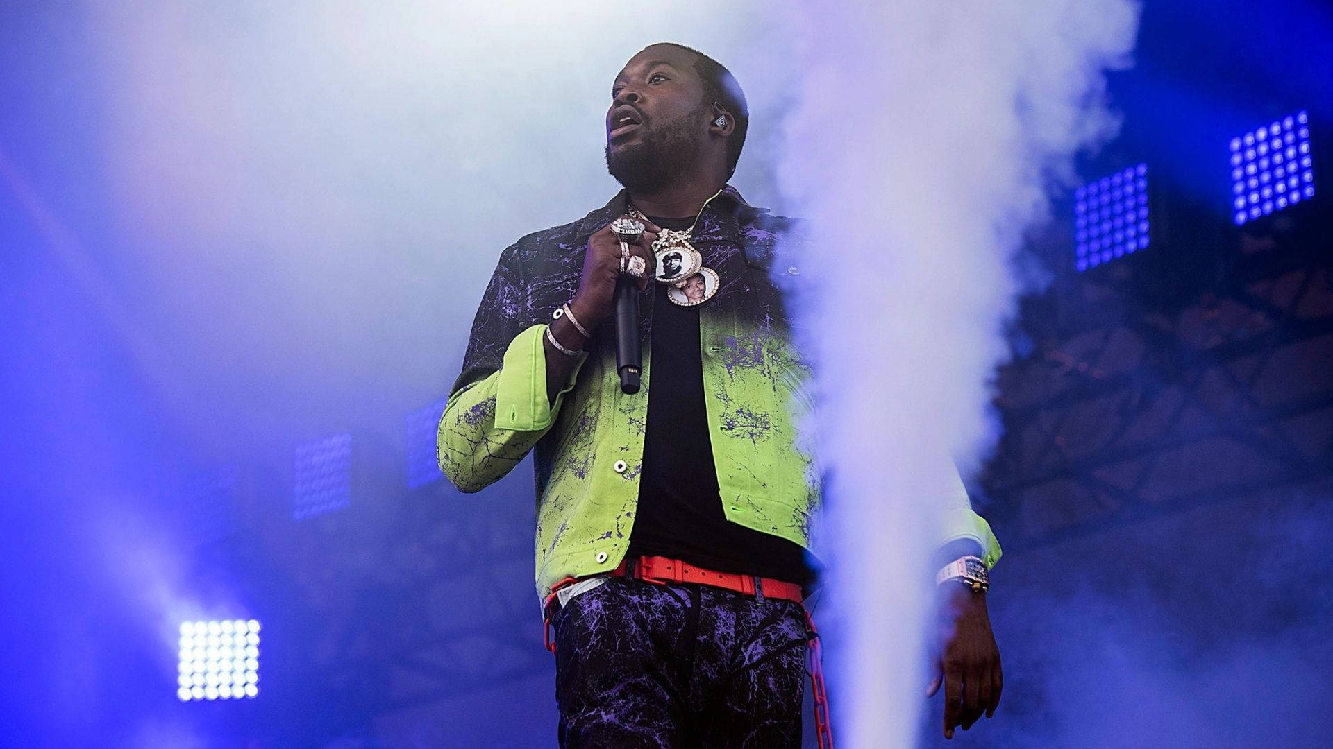 Meek Mill, foggy stage, blue lights, Full HD Desktop Wallpaper