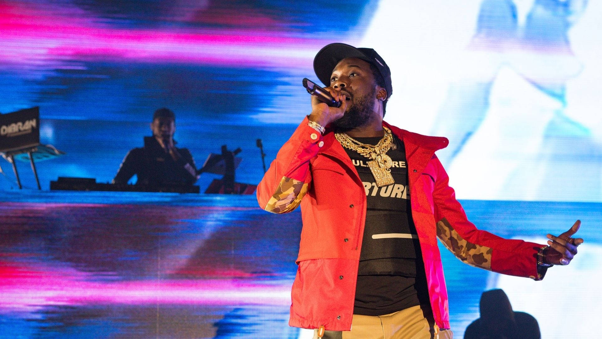 Meek Mill, red jacket, vibrant pink and blue lights, Full HD Desktop Wallpaper
