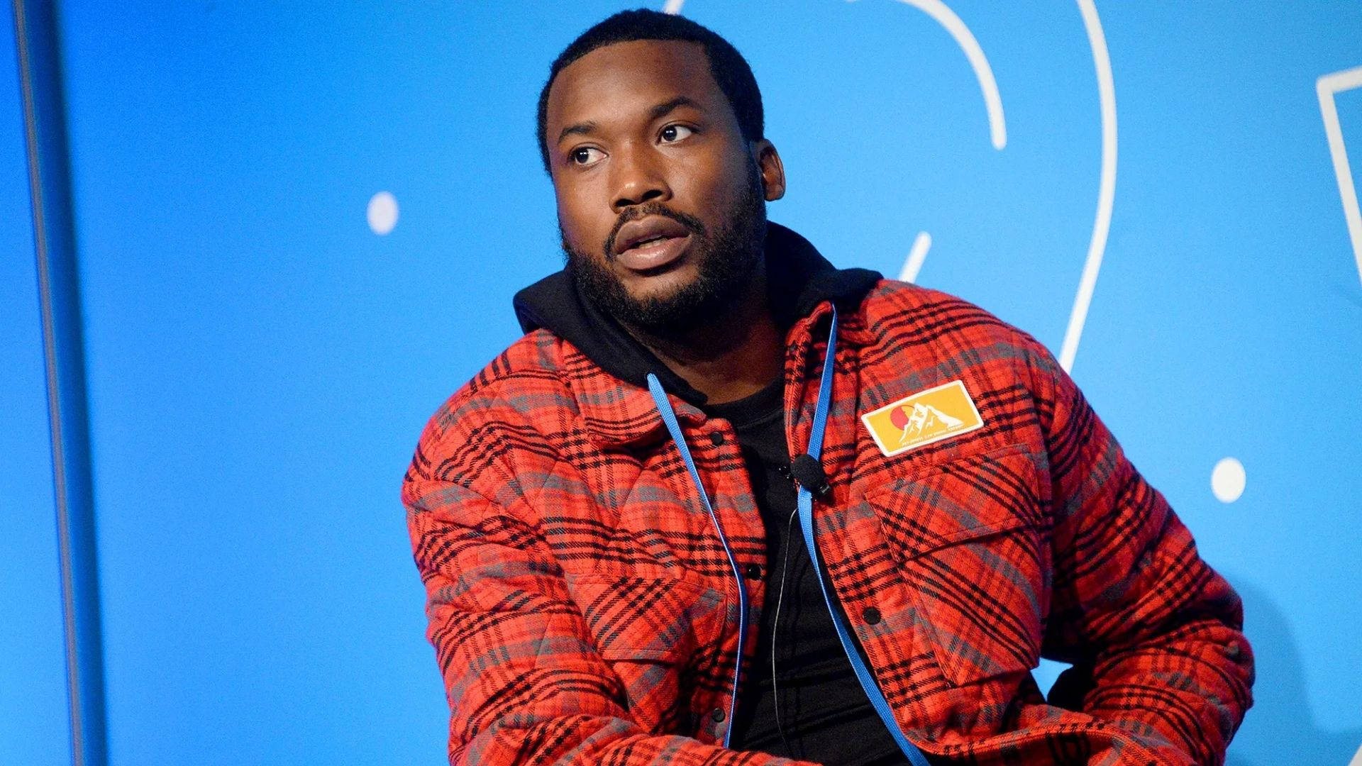 Meek Mill, red plaid jacket, blue background, Full HD Desktop Wallpaper