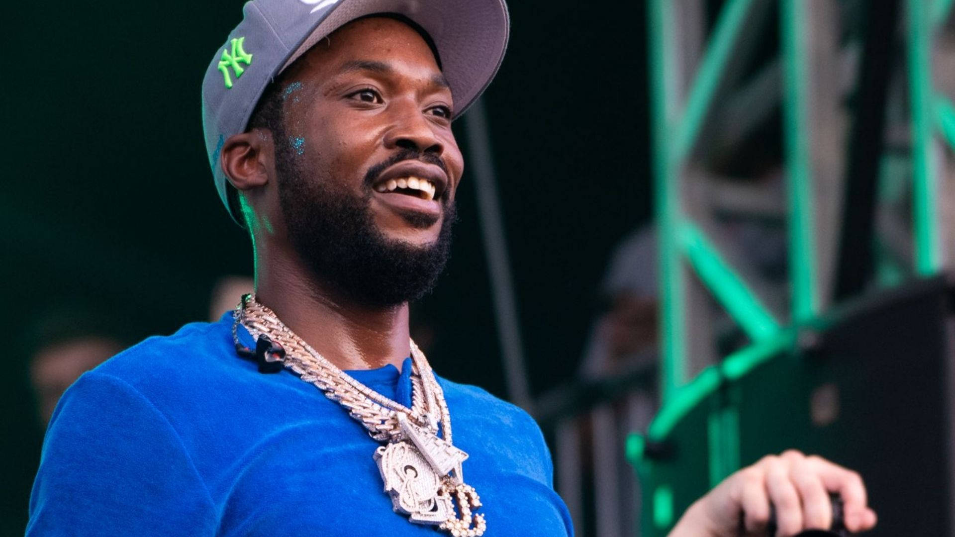 Meek Mill, blue shirt, grey cap, Full HD Desktop Wallpaper