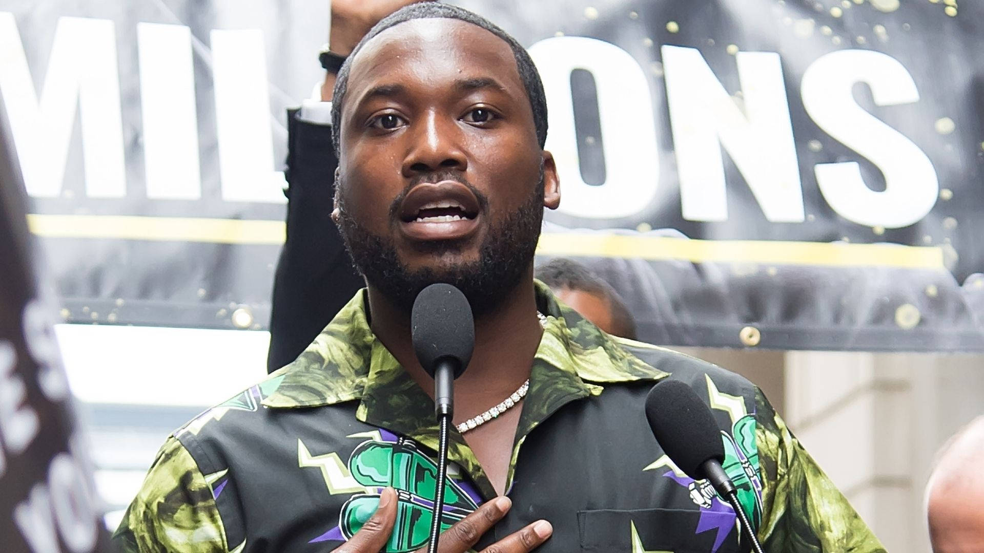 Meek Mill, vibrant green patterned shirt, microphone, Full HD Desktop Wallpaper