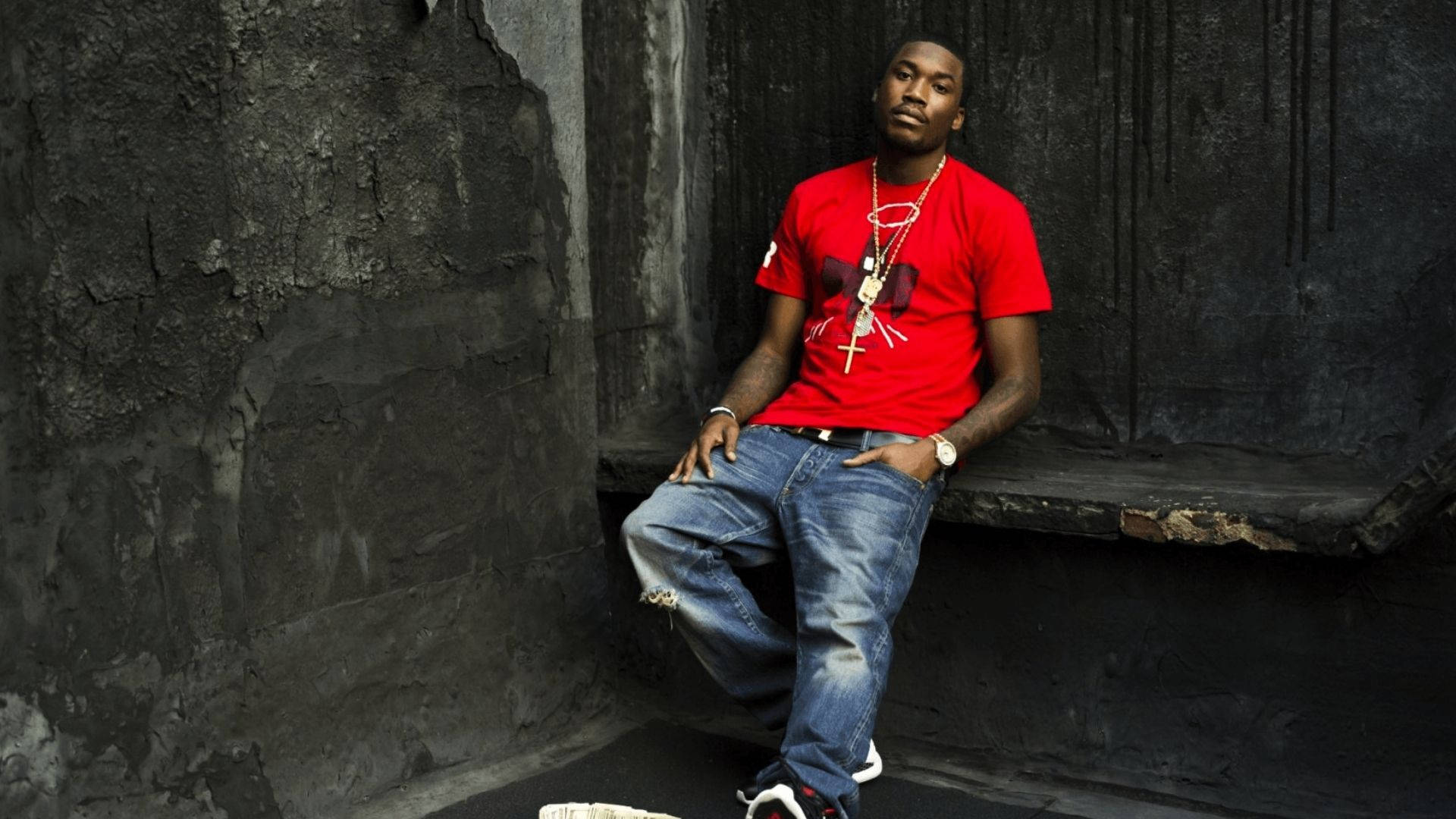 Meek Mill, red t-shirt, jeans, Full HD Desktop Wallpaper