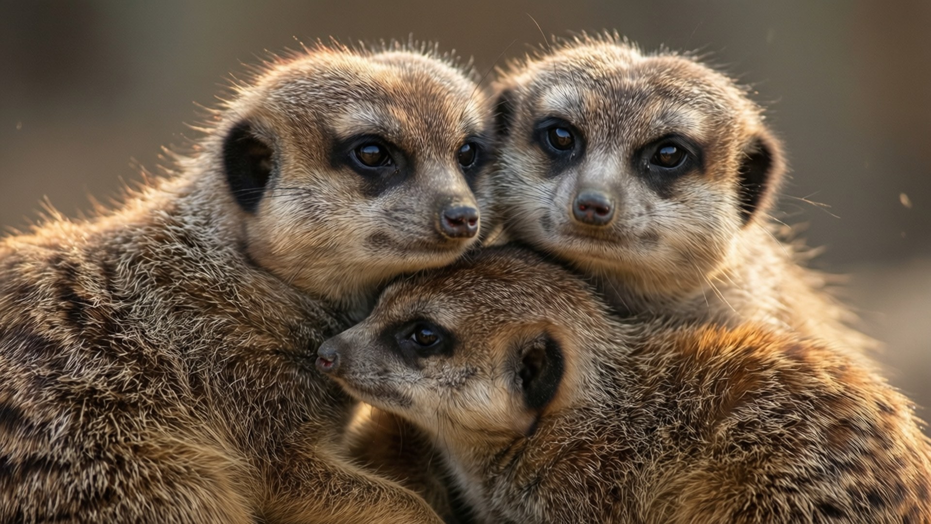 meerkat, family cuddle, morning sun, Full HD Desktop Wallpaper