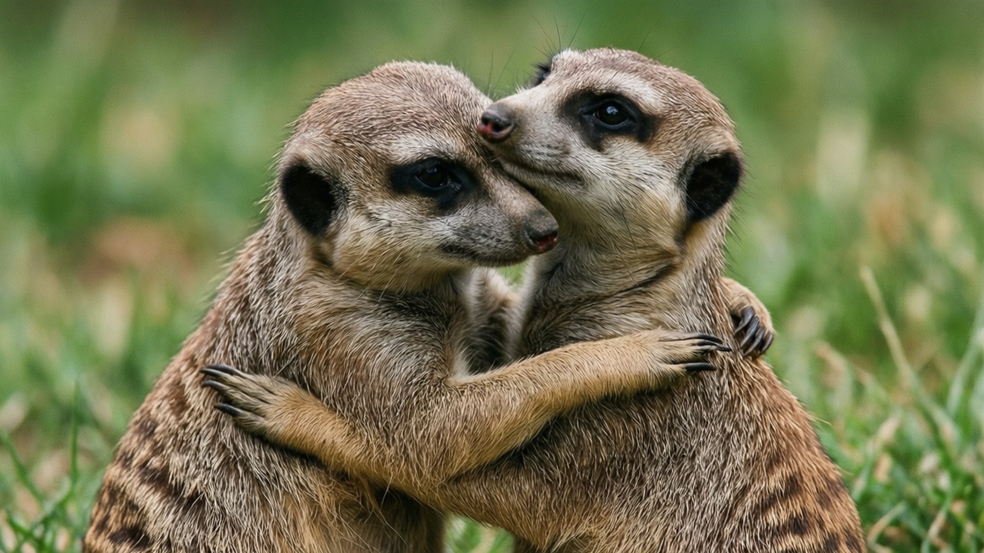 meerkats, embracing, grooming, Full HD Desktop Wallpaper