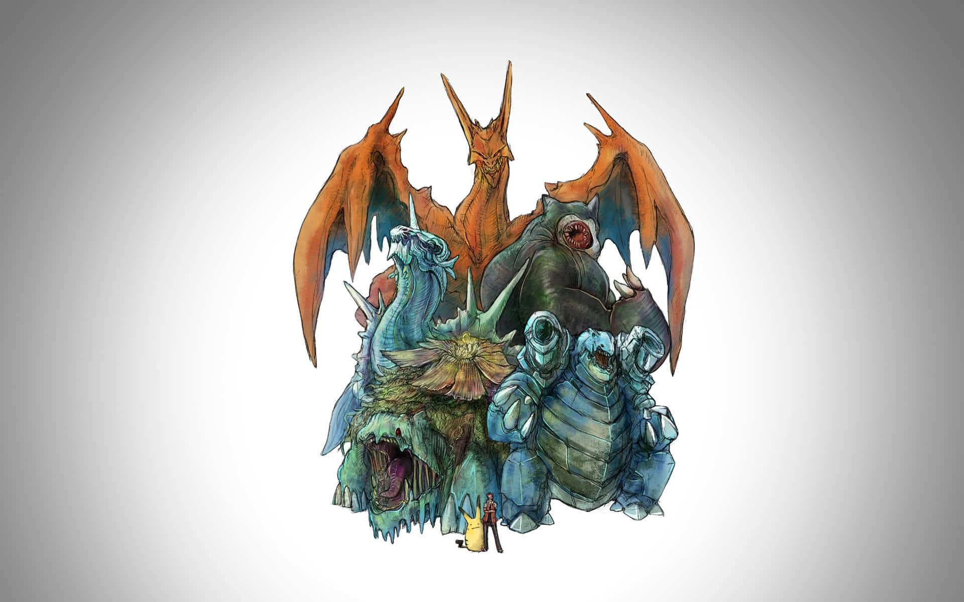 Mega Evolution, glowing orb, monstrous creatures, Full HD Desktop Wallpaper