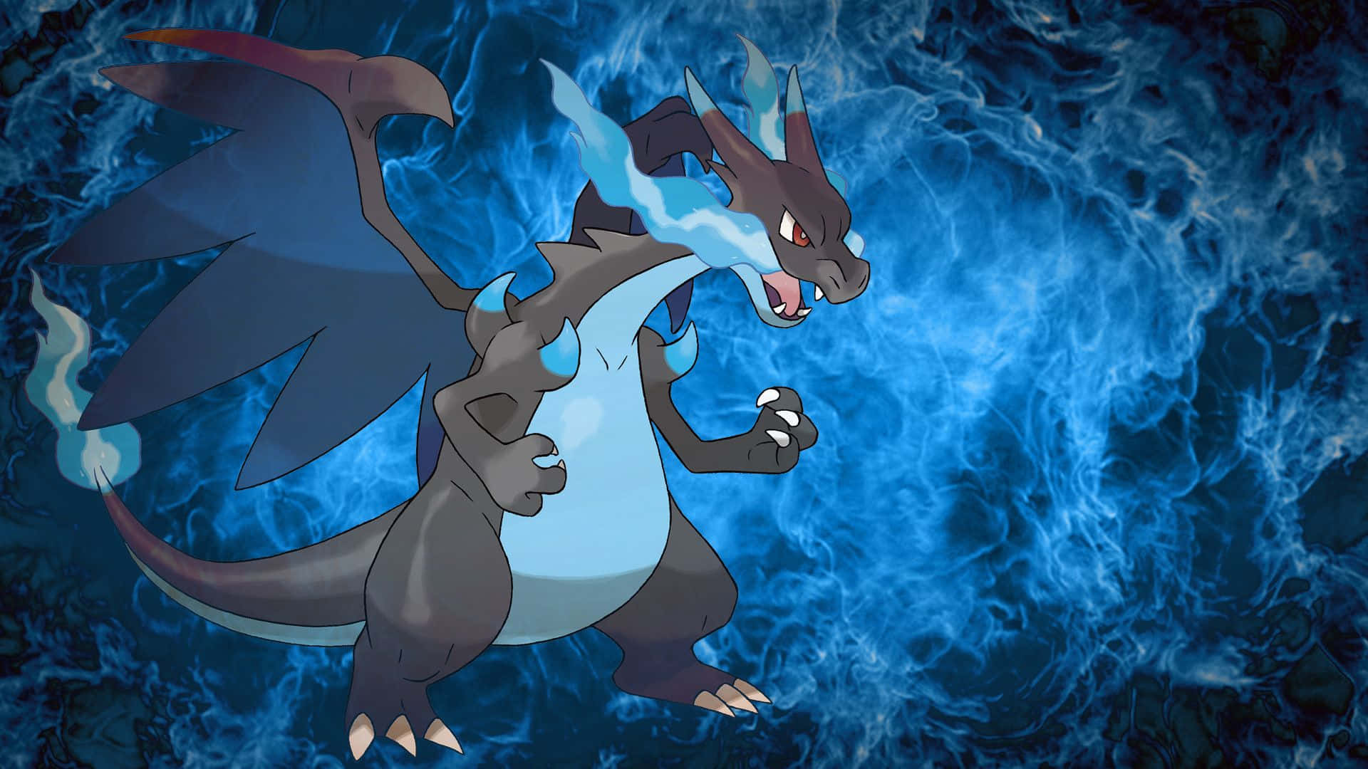 Mega Evolution, dark blue dragon, glowing ice breath, Full HD Desktop Wallpaper