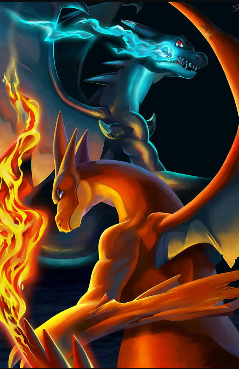 Mega Evolution, fiery orange dragon, glowing blue dragon, SD Phone Wallpaper