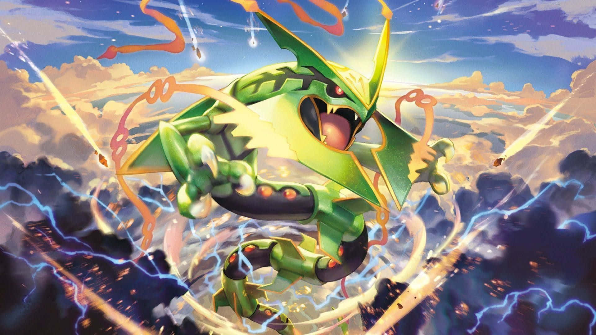 Mega Evolution, green dragon-like Pokémon, storm clouds, Full HD Desktop Wallpaper