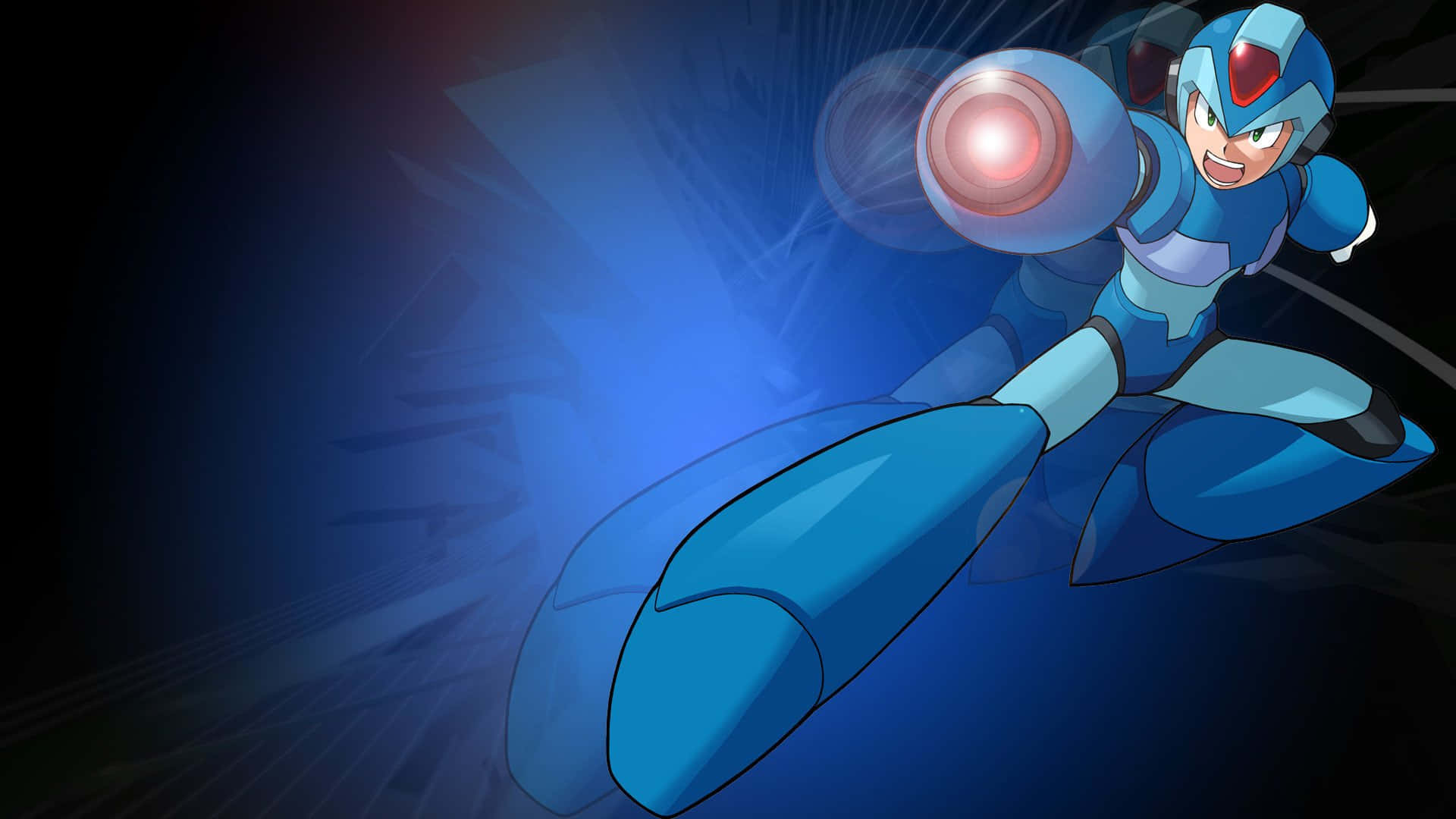 Mega Man, blue armored robot hero, glowing red cannon, Full HD Desktop Wallpaper