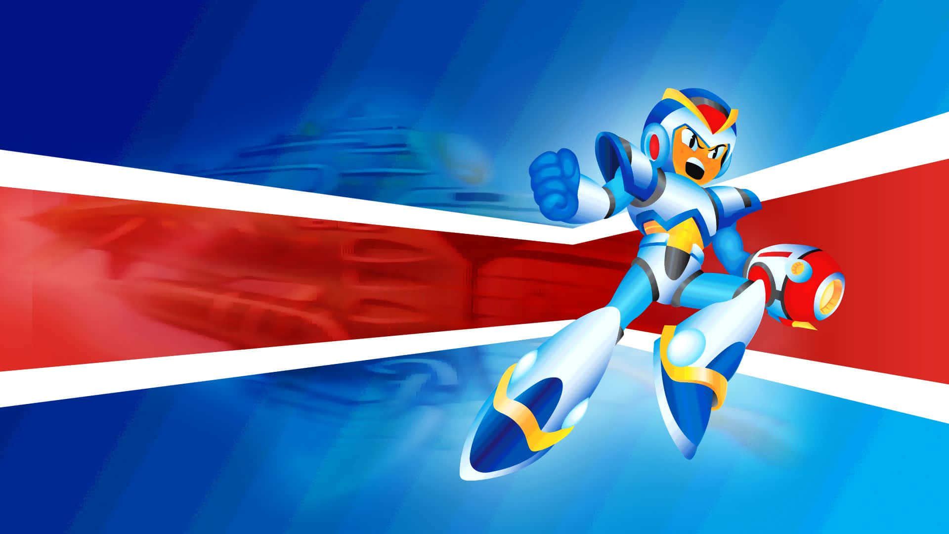 Mega Man, blue and white robot hero, red and white energy weapon, Full HD Desktop Wallpaper