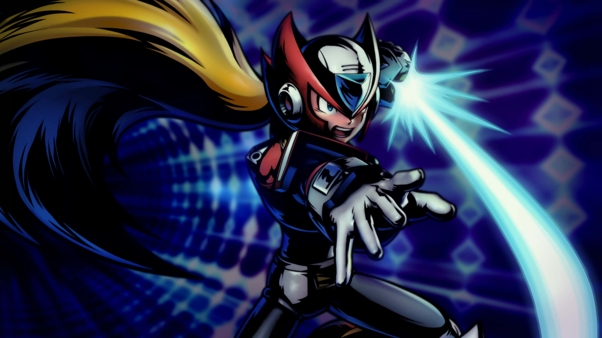 Mega Man, yellow and black cape, bright blue energy blast, 2K Desktop Wallpaper