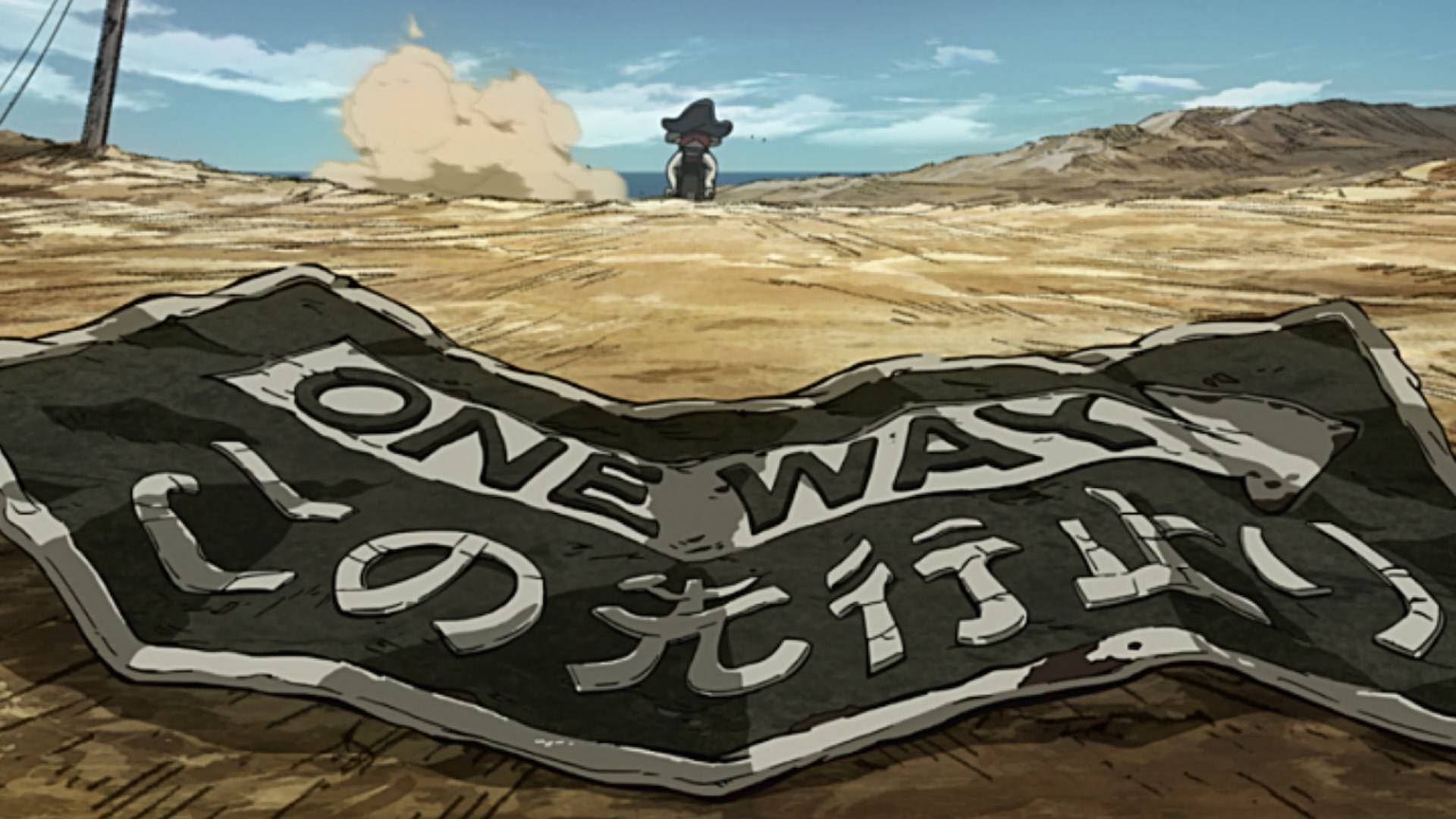 Megalo Box, one way sign, dusty road, Full HD Desktop Wallpaper