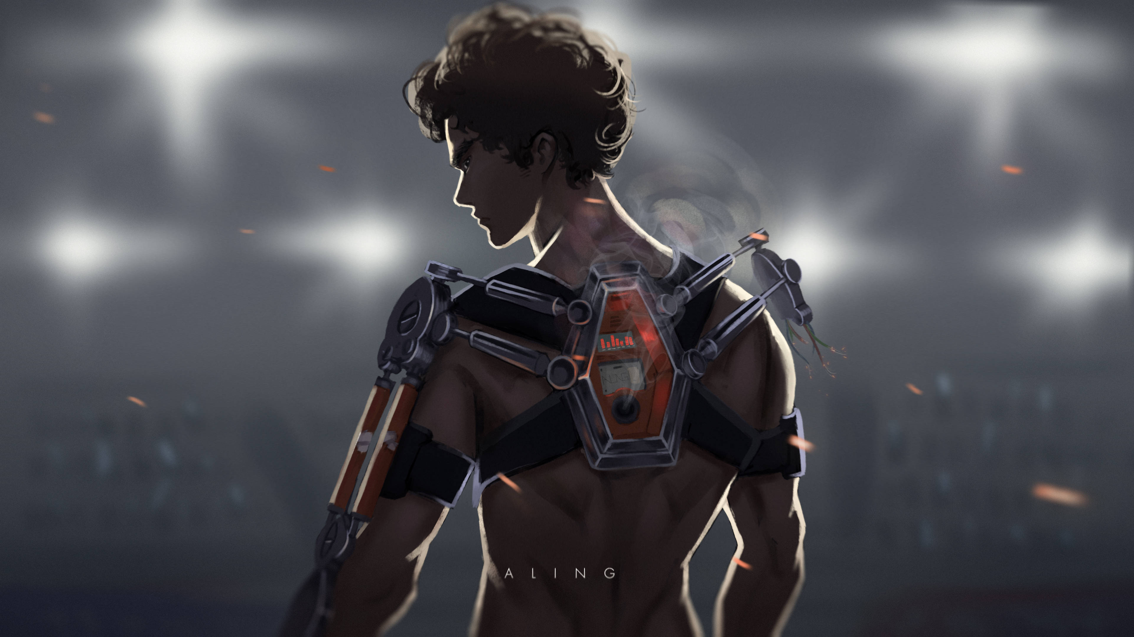 Megalo Box, Dark Gear, glowing orange and silver mechanical harness, 4K Desktop Wallpaper