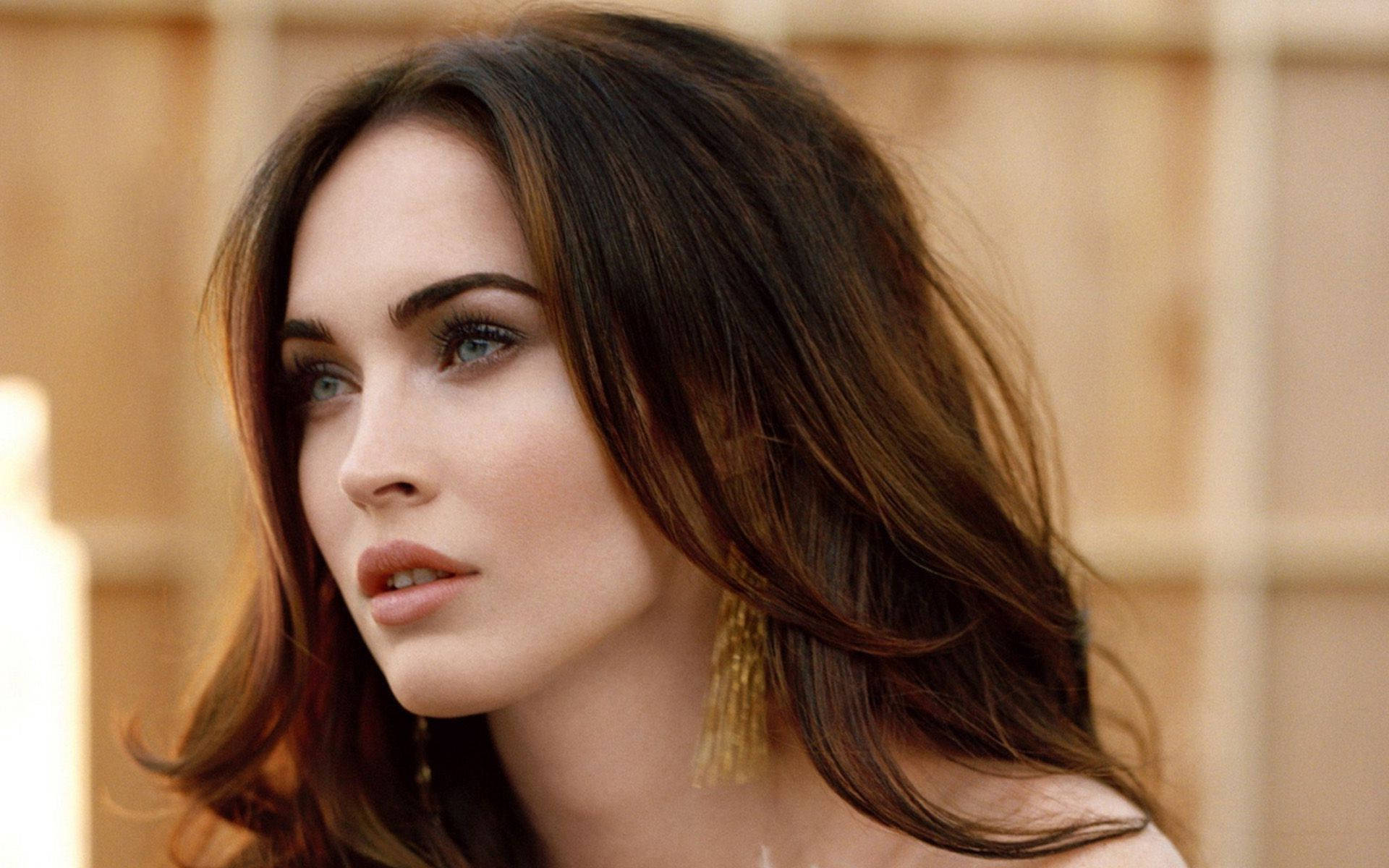 Megan Fox, blue eyes, flowing brown hair, Full HD Desktop Wallpaper