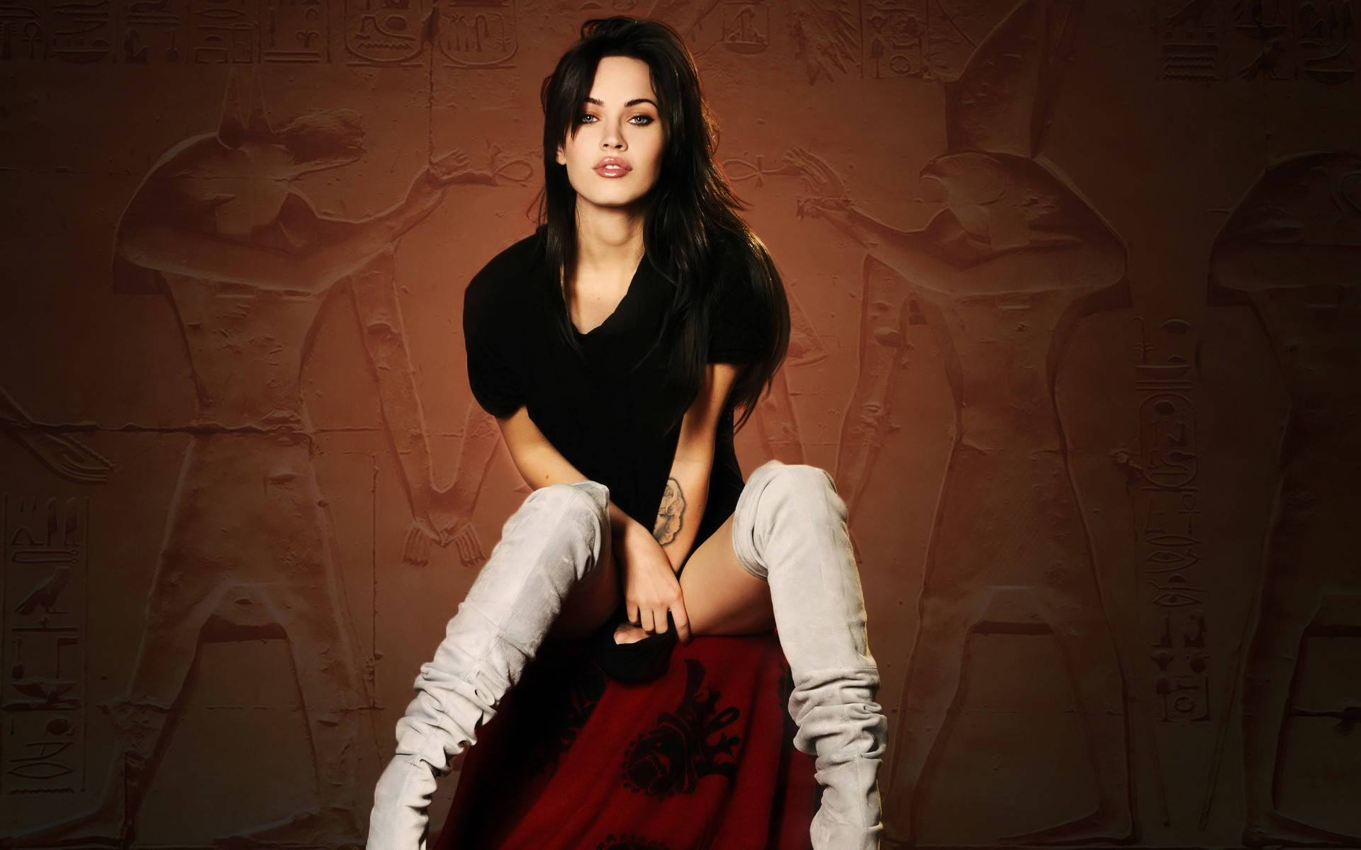 Megan Fox, black top, white boots, Full HD Desktop Wallpaper