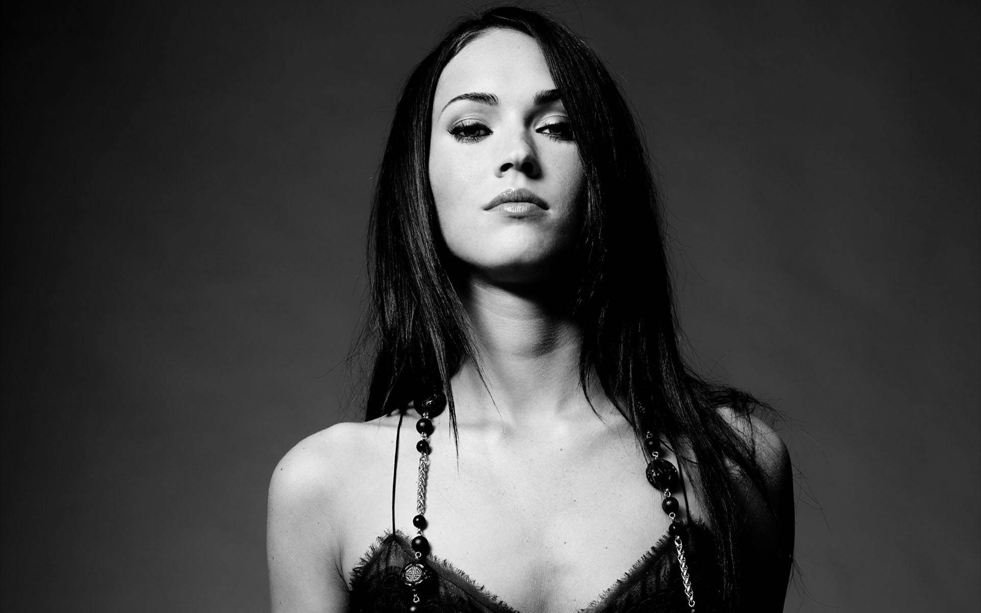 Megan Fox, black and white portrait, long dark hair, Full HD Desktop Wallpaper