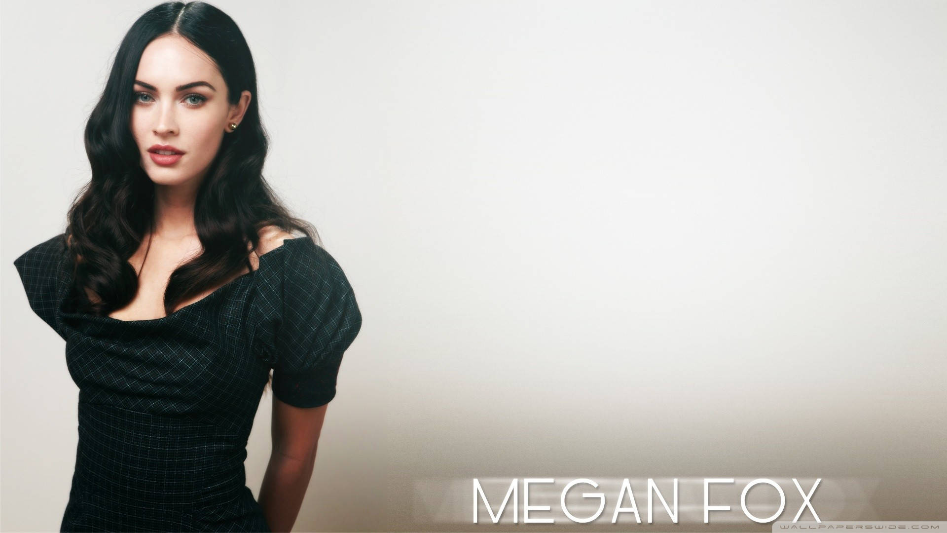 Megan Fox, black patterned dress, light gray studio background, Full HD Desktop Wallpaper