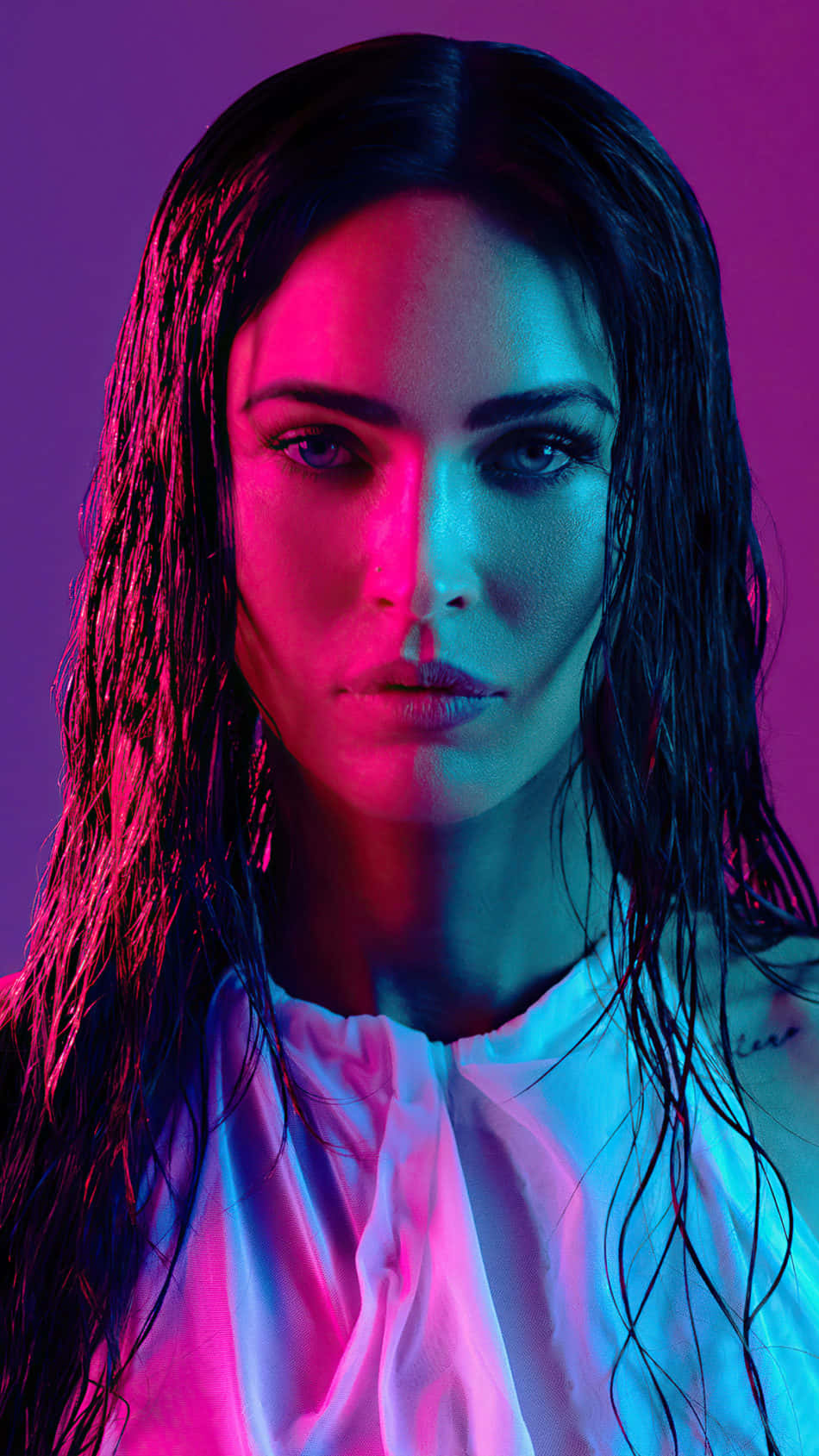 Megan Fox, split pink and blue neon lights, gradient background, HD Phone Wallpaper