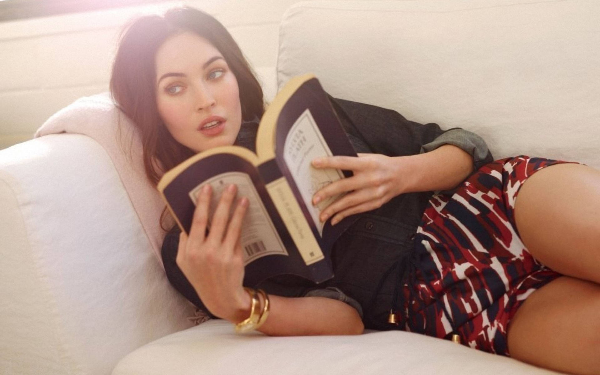 Megan Fox, white couch, sunlight, Full HD Desktop Wallpaper