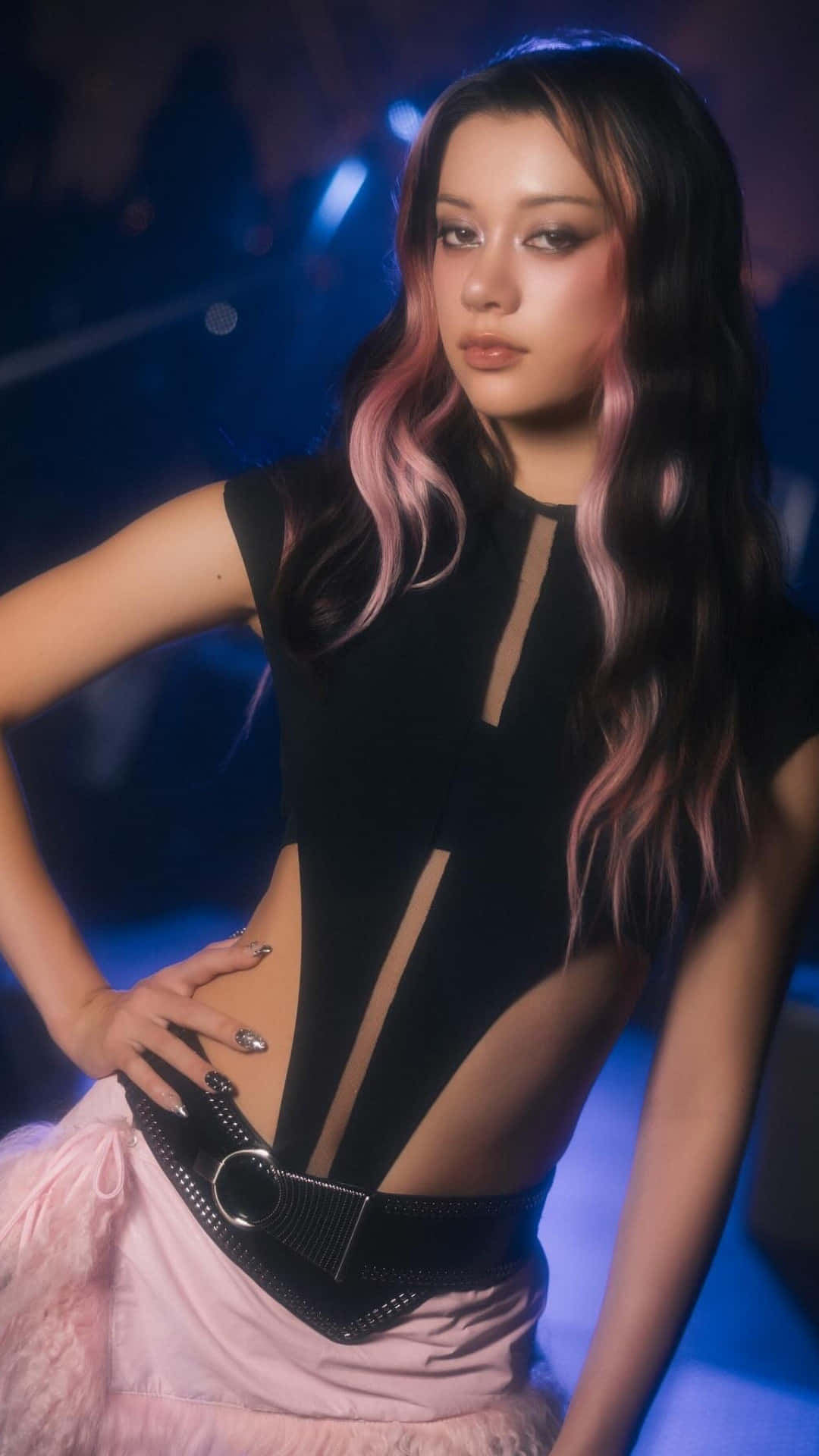 Megan Katseye, pink-tipped hair, black cutout top, Full HD Phone Wallpaper