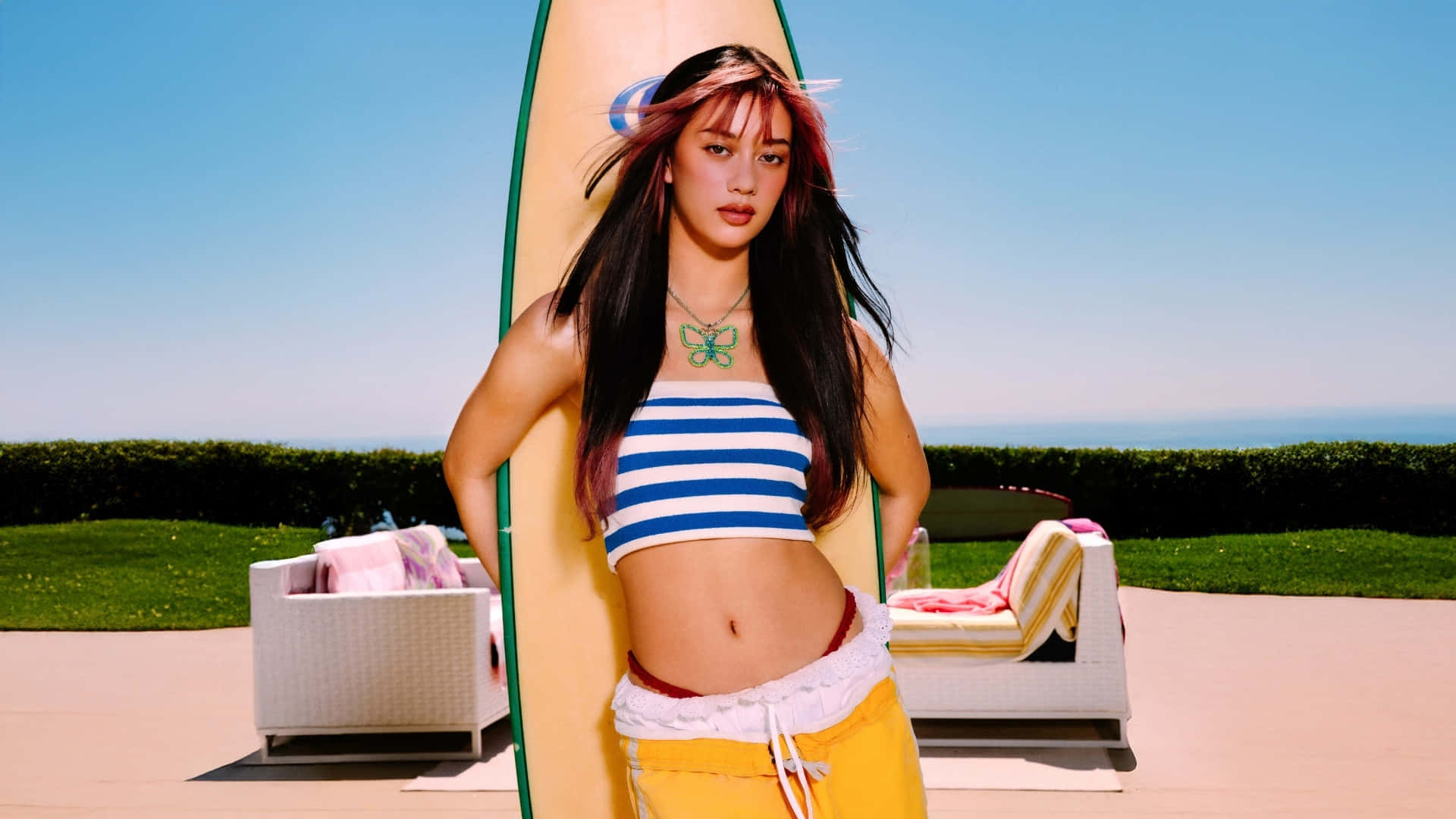 Megan Katseye, striped top, yellow shorts, Full HD Desktop Wallpaper