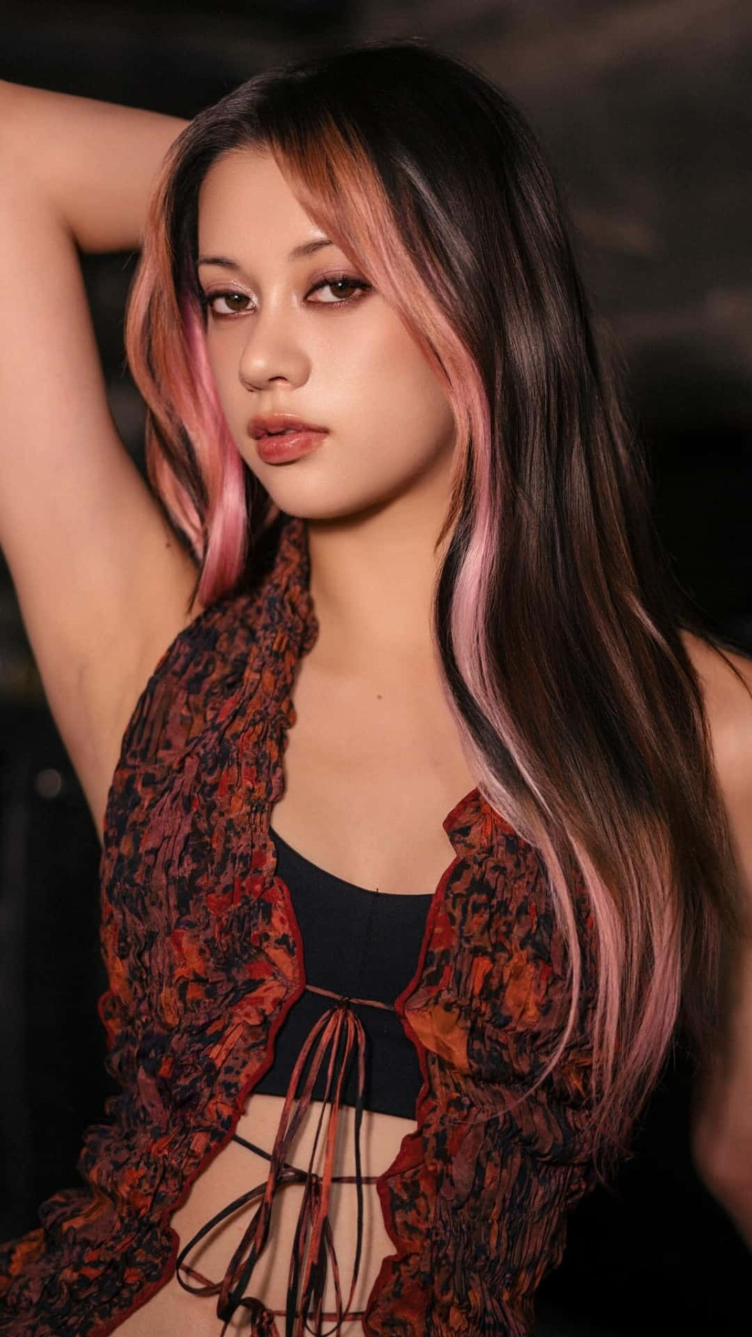 Megan Katseye, long dark hair, pink streaks, Full HD Phone Wallpaper