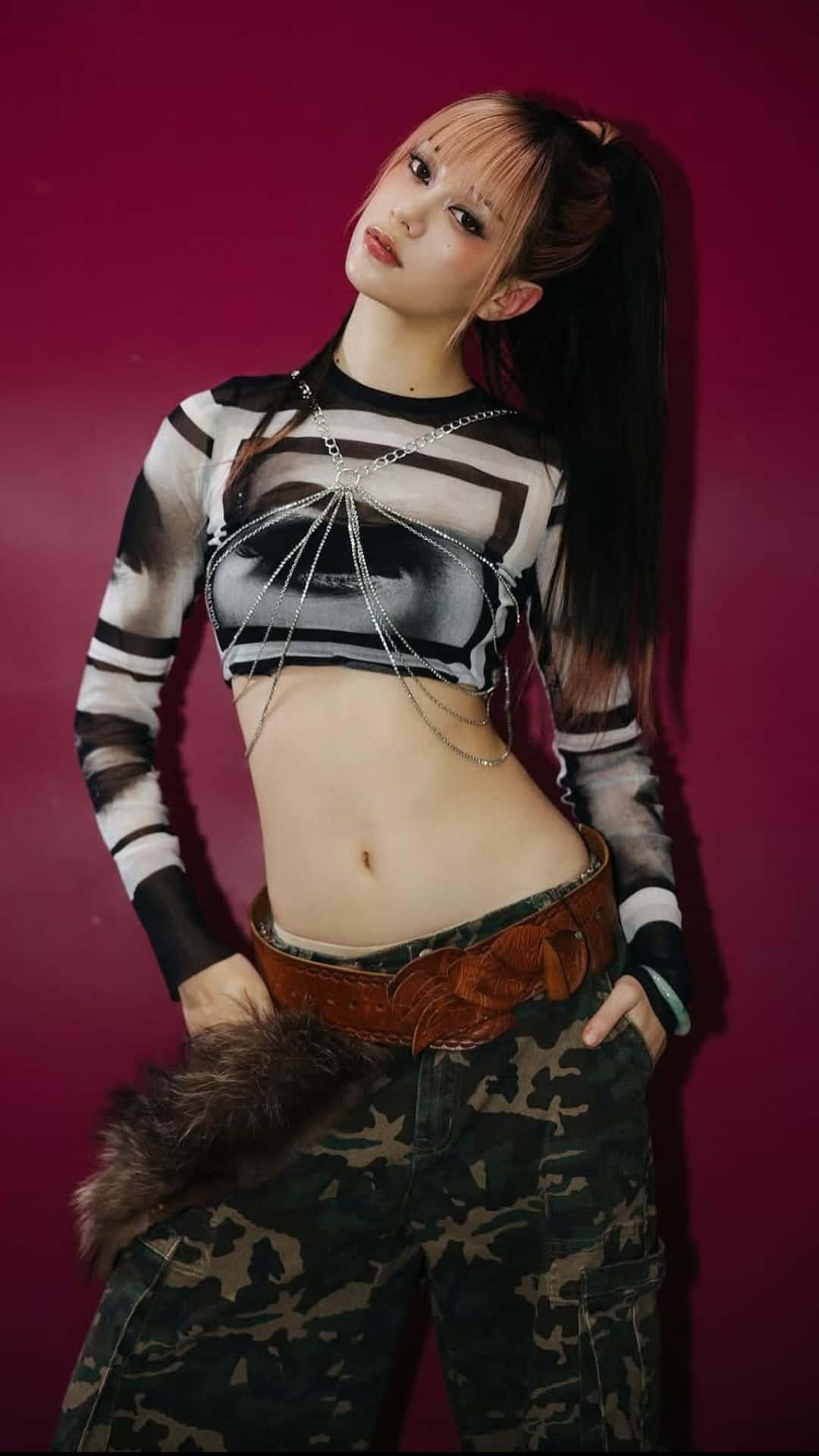 Megan Katseye, high ponytail, deep magenta wall, Full HD Phone Wallpaper