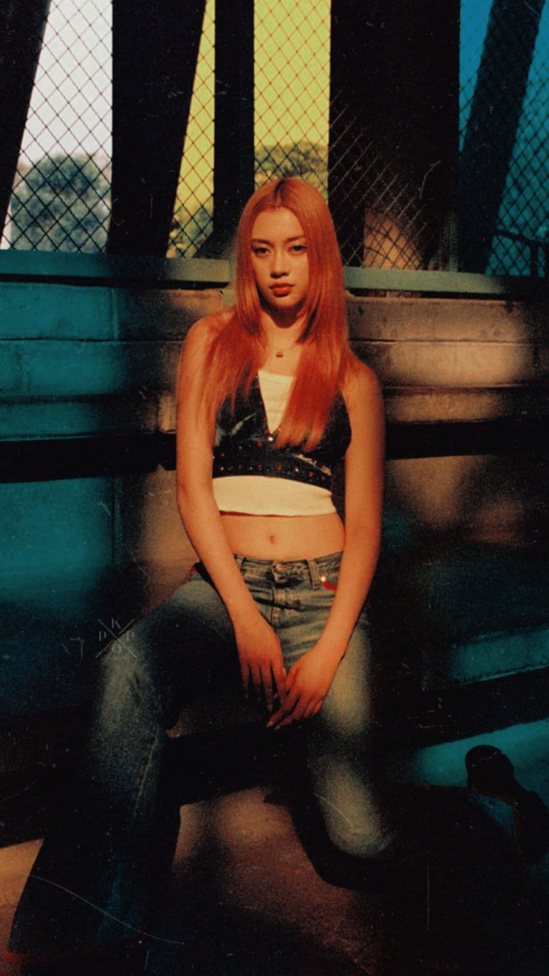 Megan Katseye, orange hair, concrete ledge, Full HD Phone Wallpaper