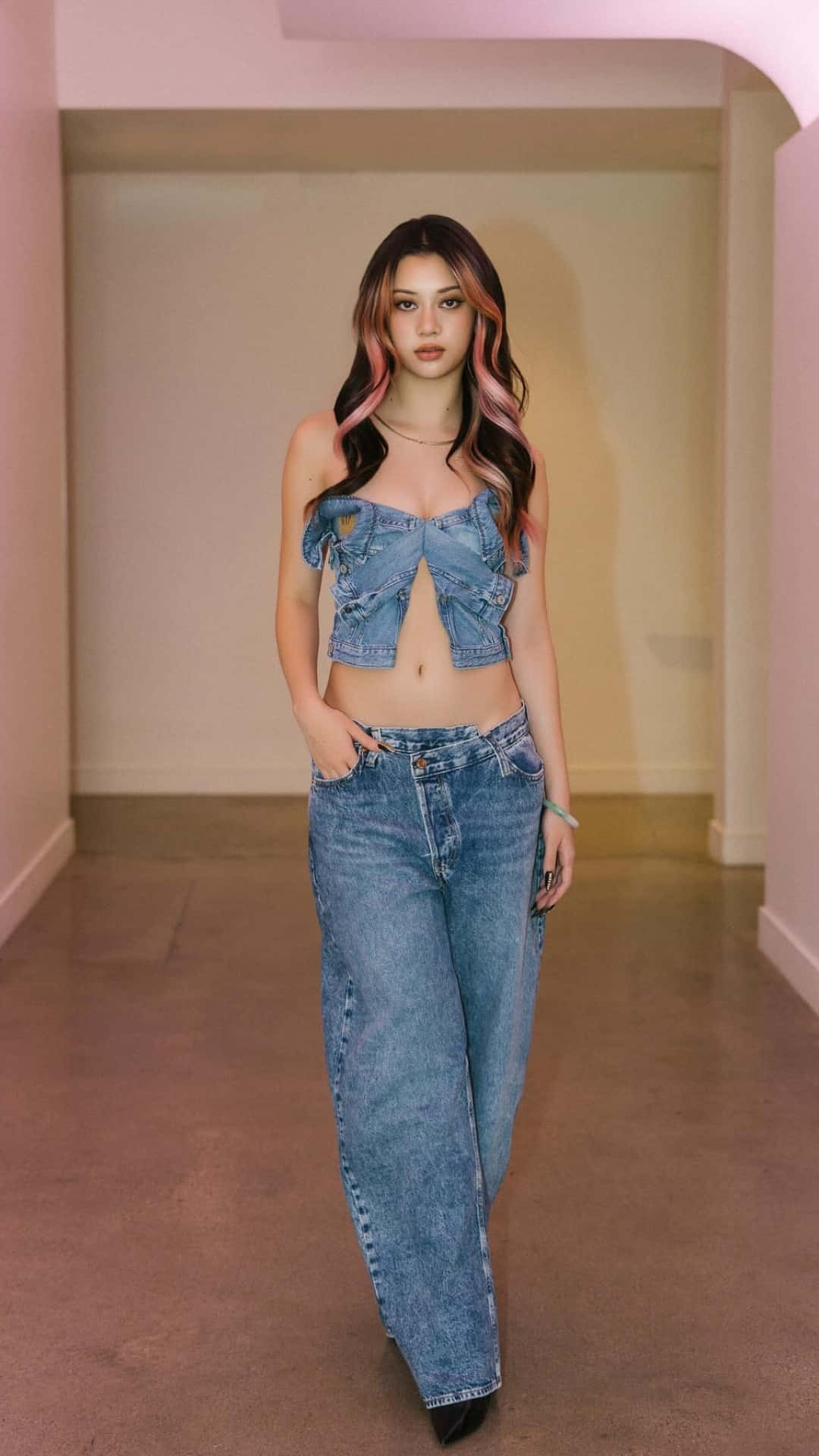 Megan Katseye, denim crop top, wide-leg jeans, Full HD Phone Wallpaper