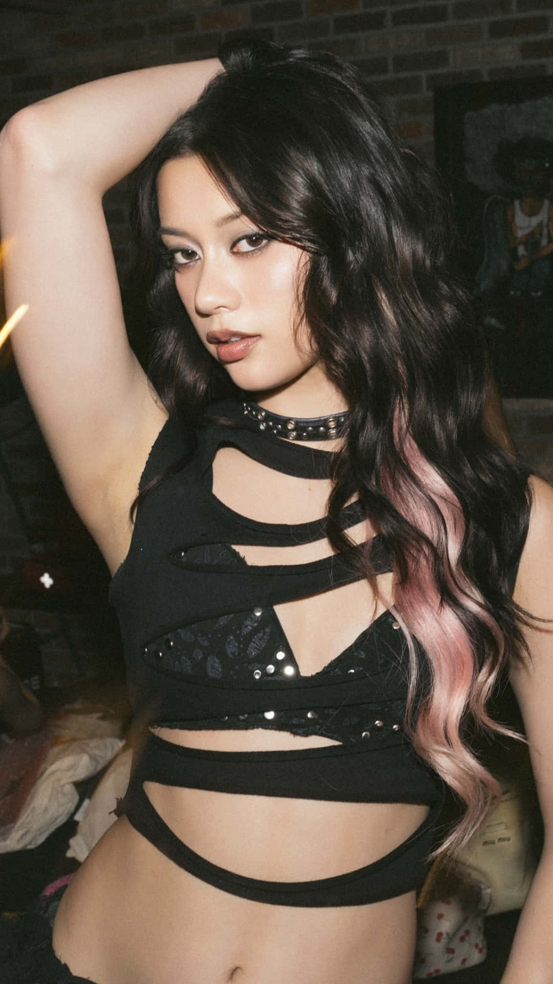 Megan Katseye, long dark hair, pink tips, Full HD Phone Wallpaper