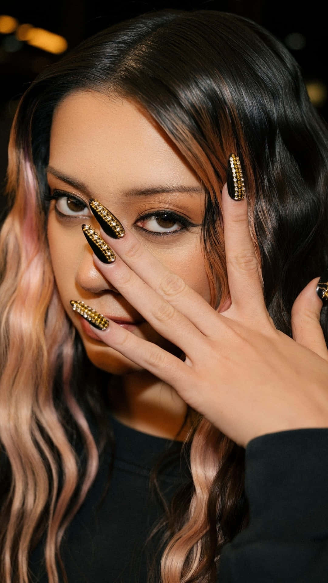 Megan Katseye, pink highlights, long black nails, Full HD Phone Wallpaper