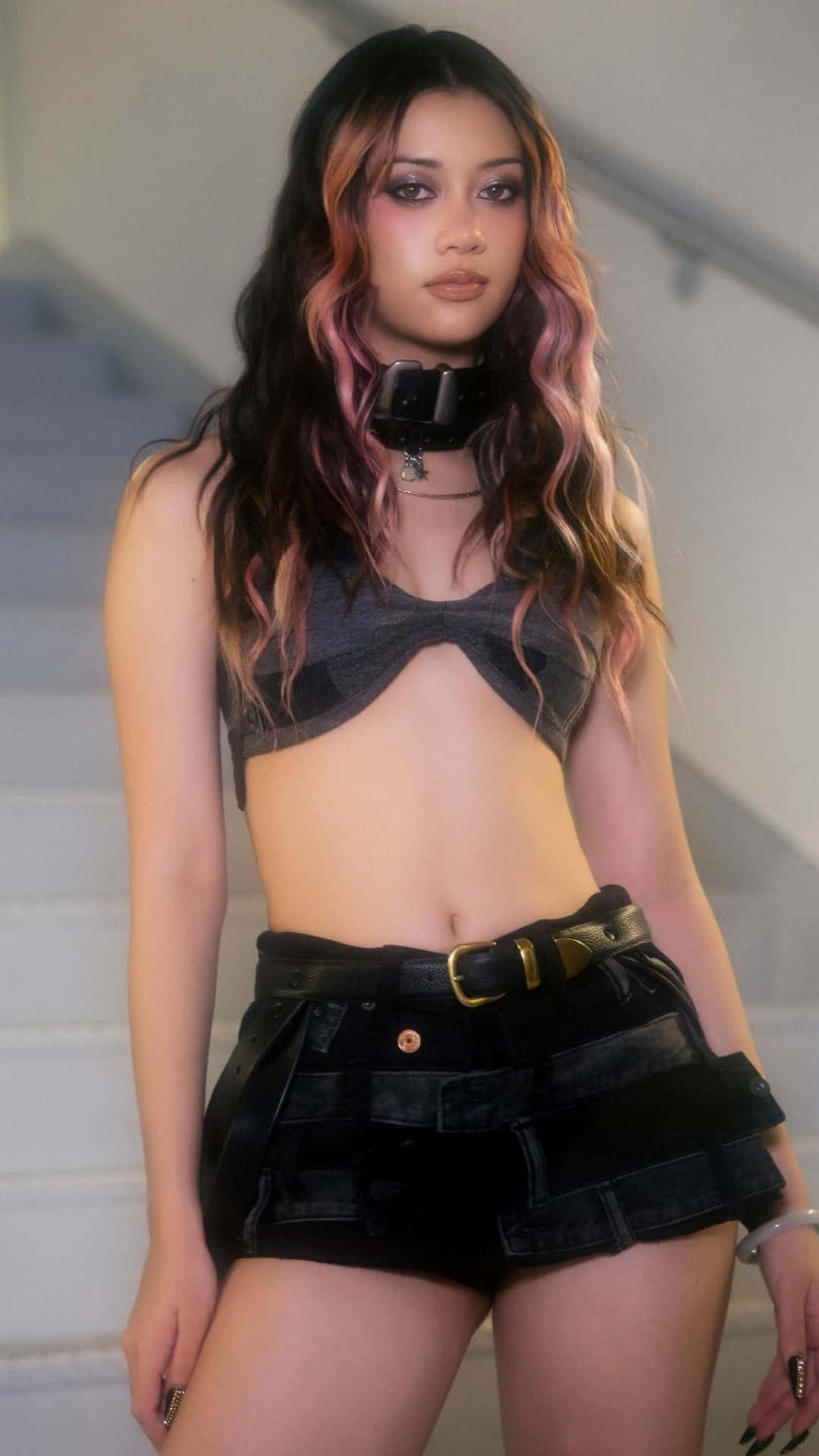 Megan Katseye, pink and black hair, black crop top, Full HD Phone Wallpaper