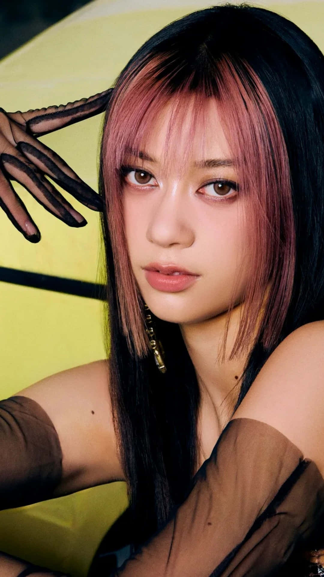 Megan Katseye, black and pink hair, gloved hand, Full HD Phone Wallpaper