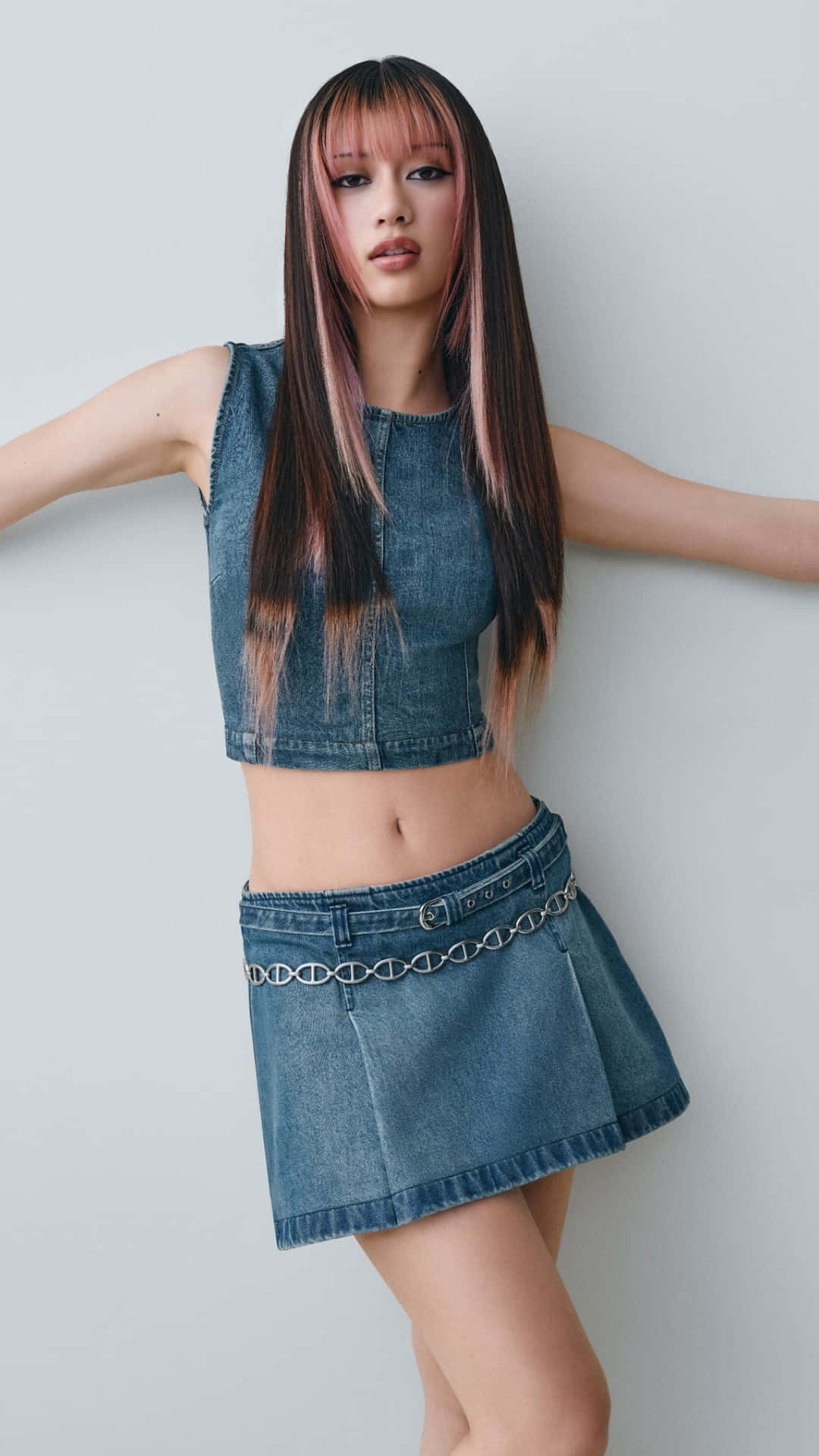 Megan Katseye, denim crop top, denim mini skirt, Full HD Phone Wallpaper