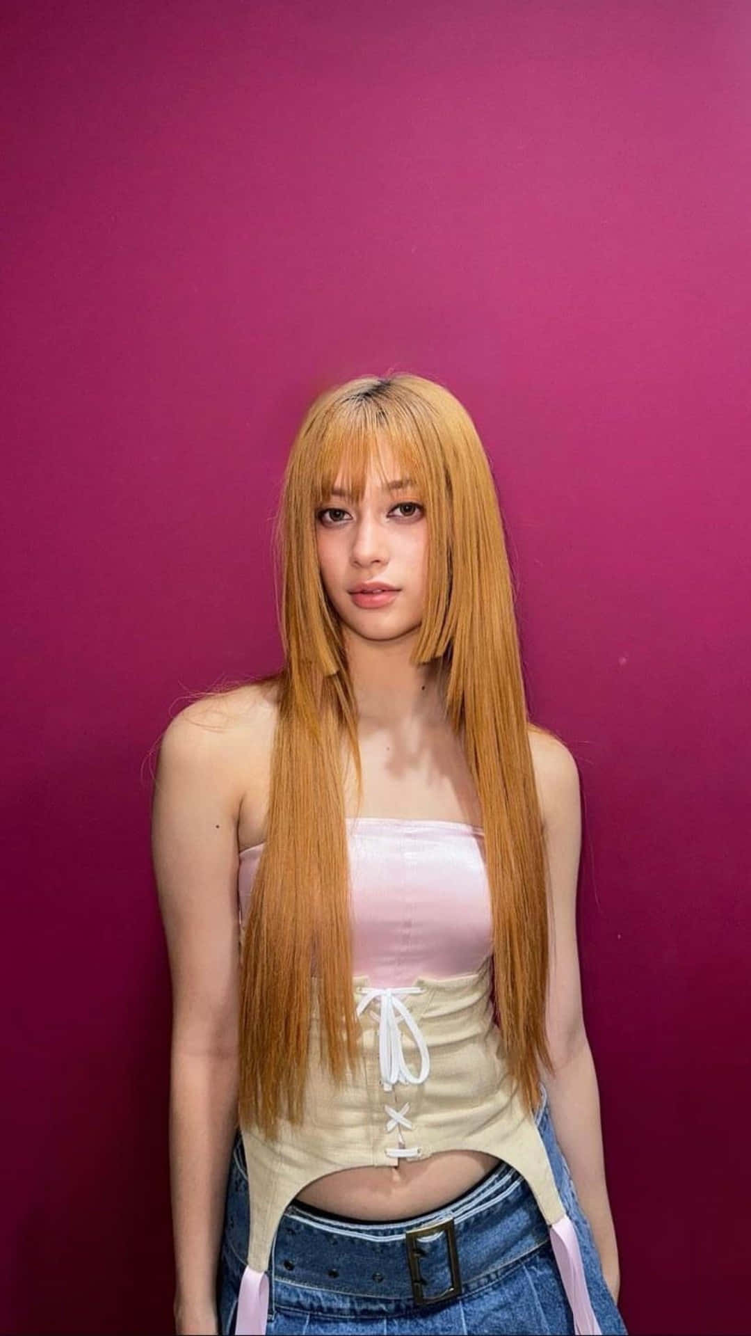 Megan Katseye, magenta wall, light pink and cream corset top, Full HD Phone Wallpaper