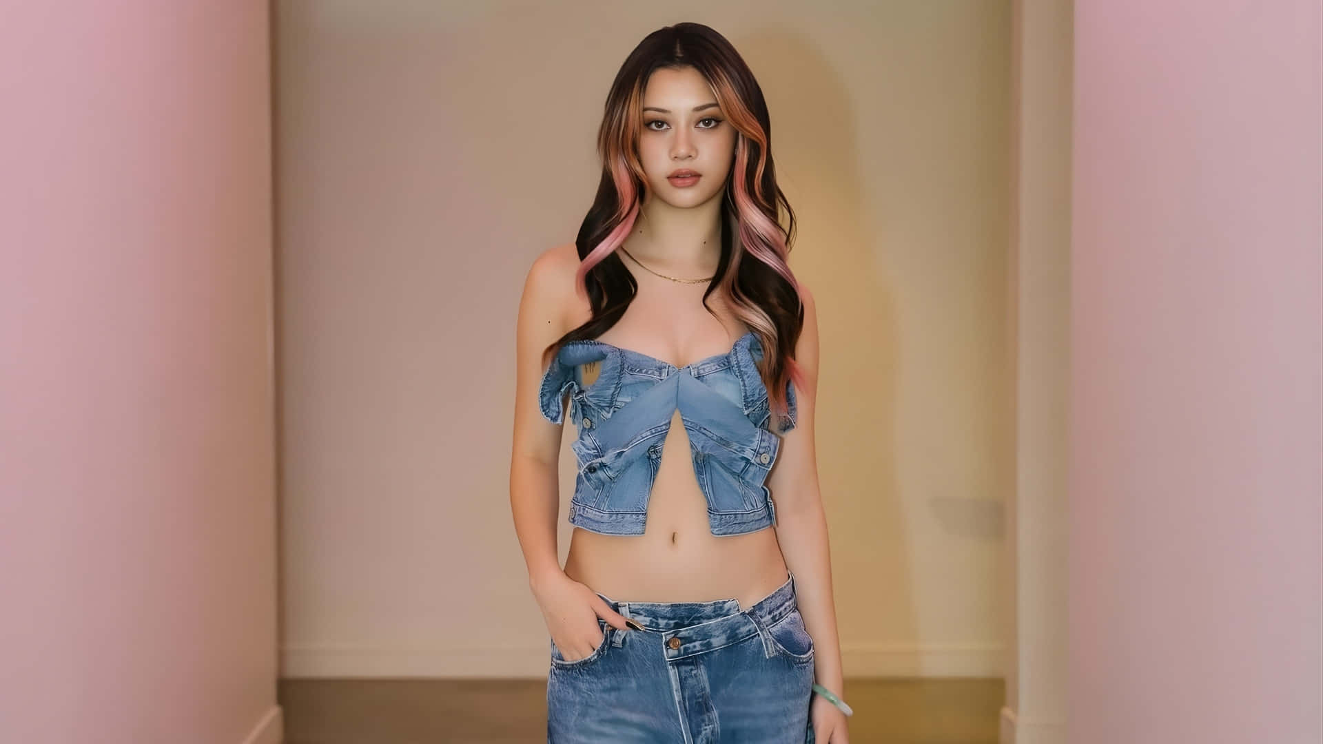 Megan Katseye, pink and black hair, denim crop top, Full HD Desktop Wallpaper