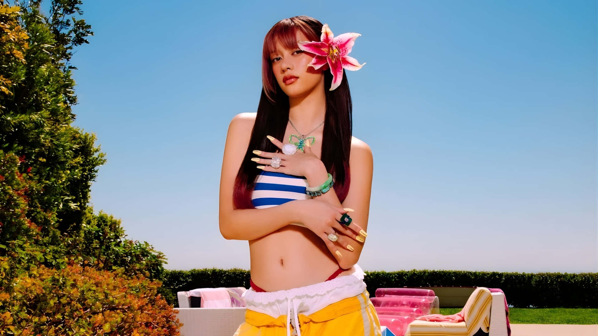 Megan Katseye, pink flower, striped top, Full HD Desktop Wallpaper