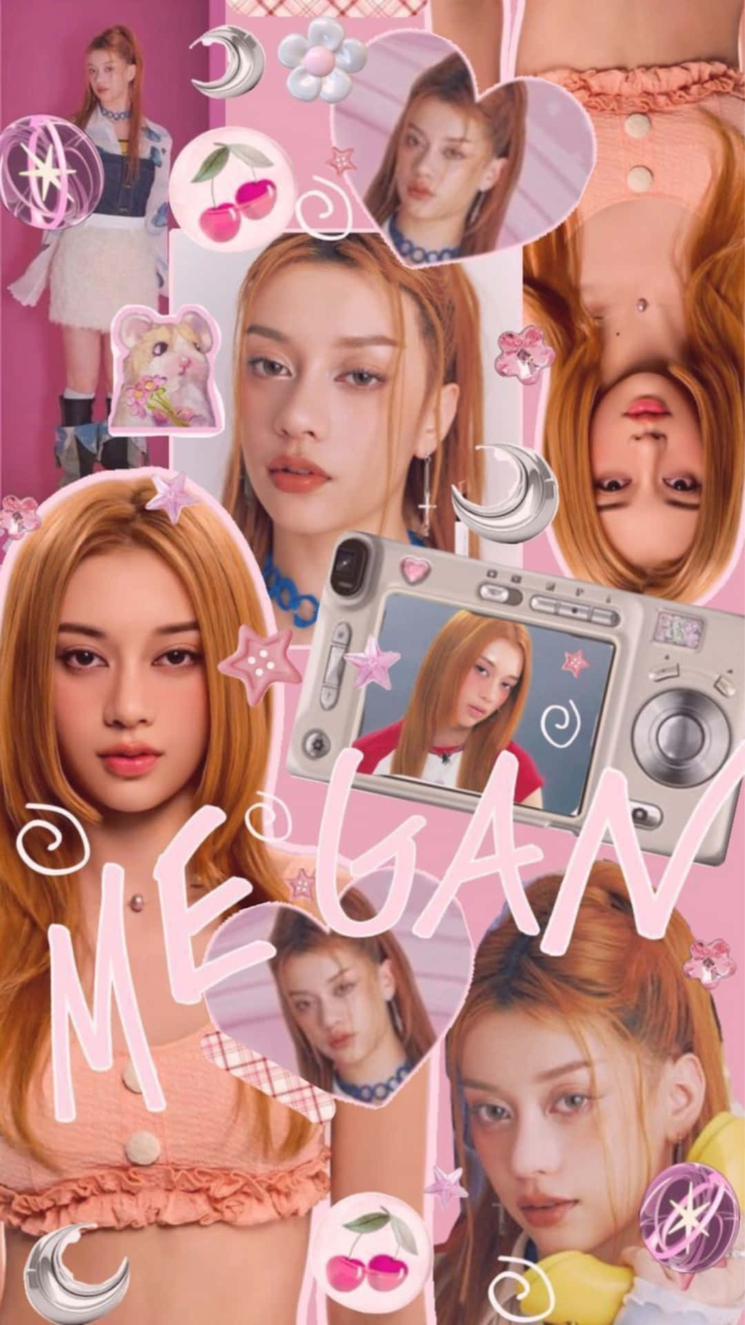 Megan Katseye, orange hair, vibrant pink collage, Full HD Phone Wallpaper