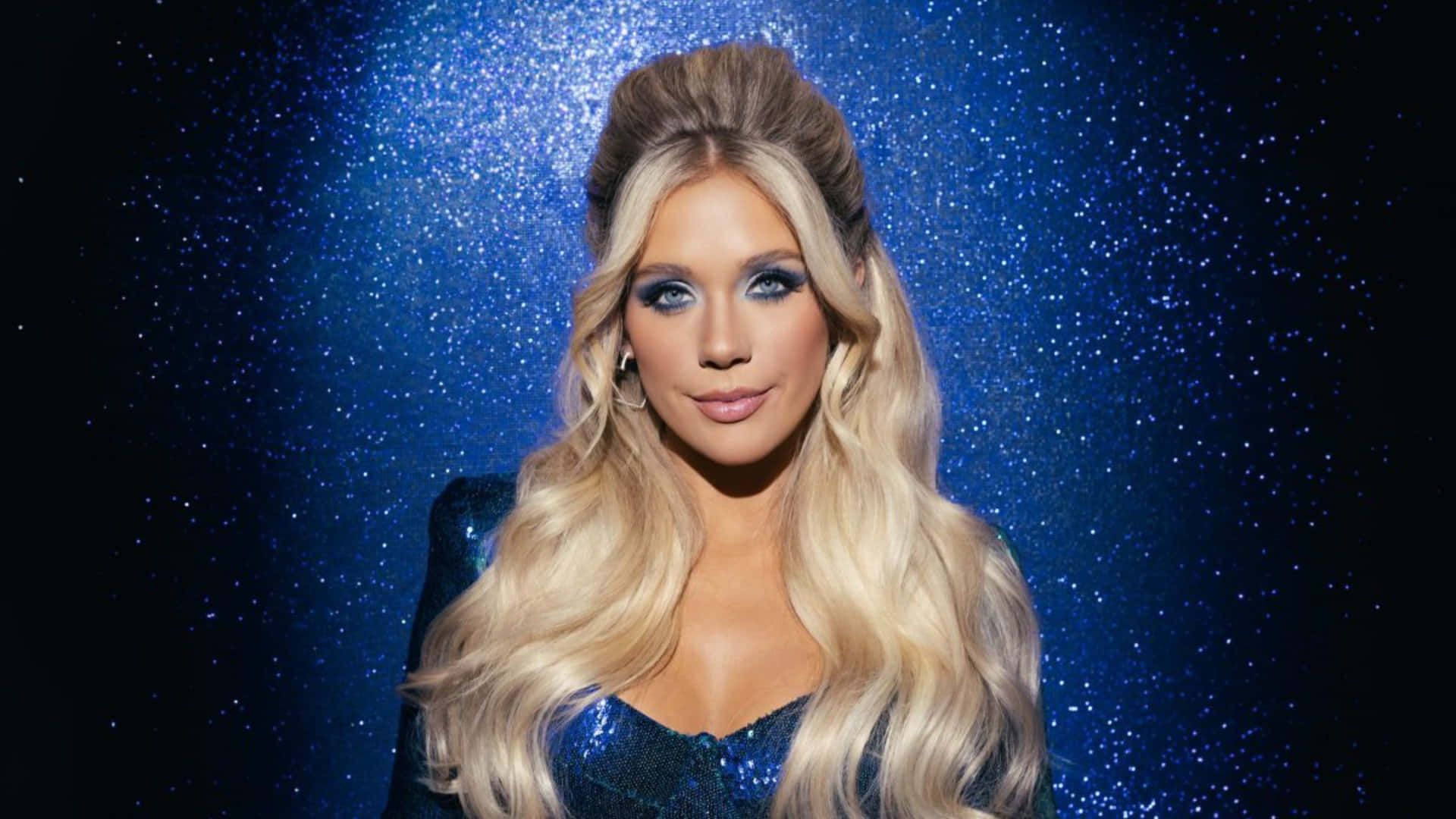 Megan Moroney, blue sequined top, sparkling blue starry background, Full HD Desktop Wallpaper