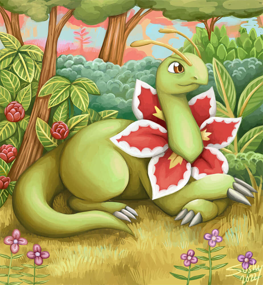 Meganium, green dragon, red and white flower wings, SD Phone Wallpaper