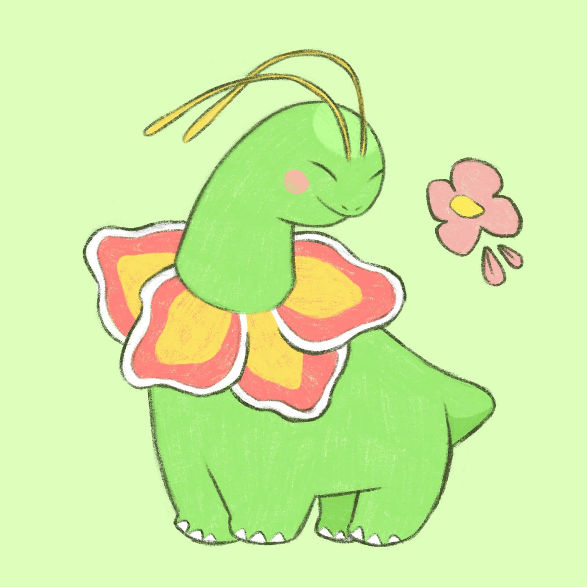 Meganium, green background, flower collar, Full HD Desktop Wallpaper