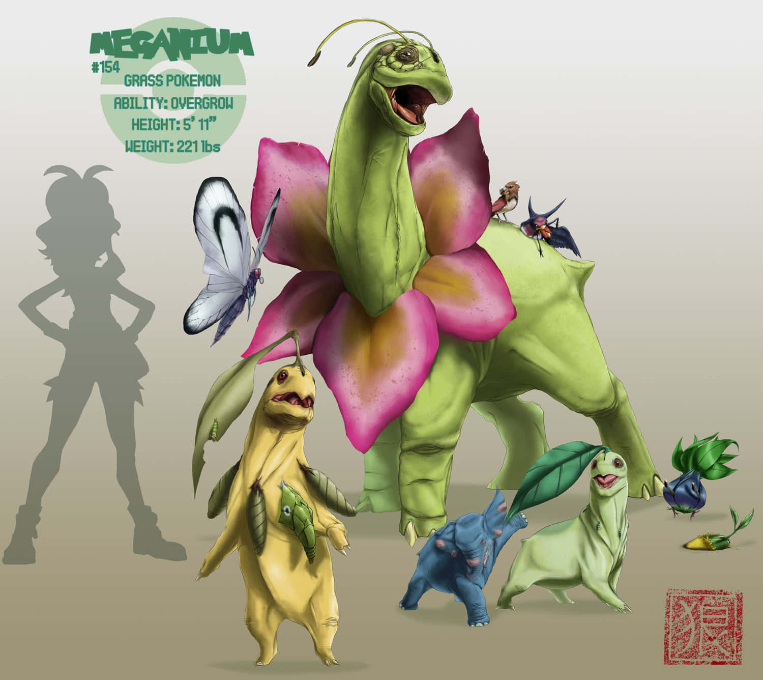Meganium, evolutionary line, butterflies, HD Desktop Wallpaper