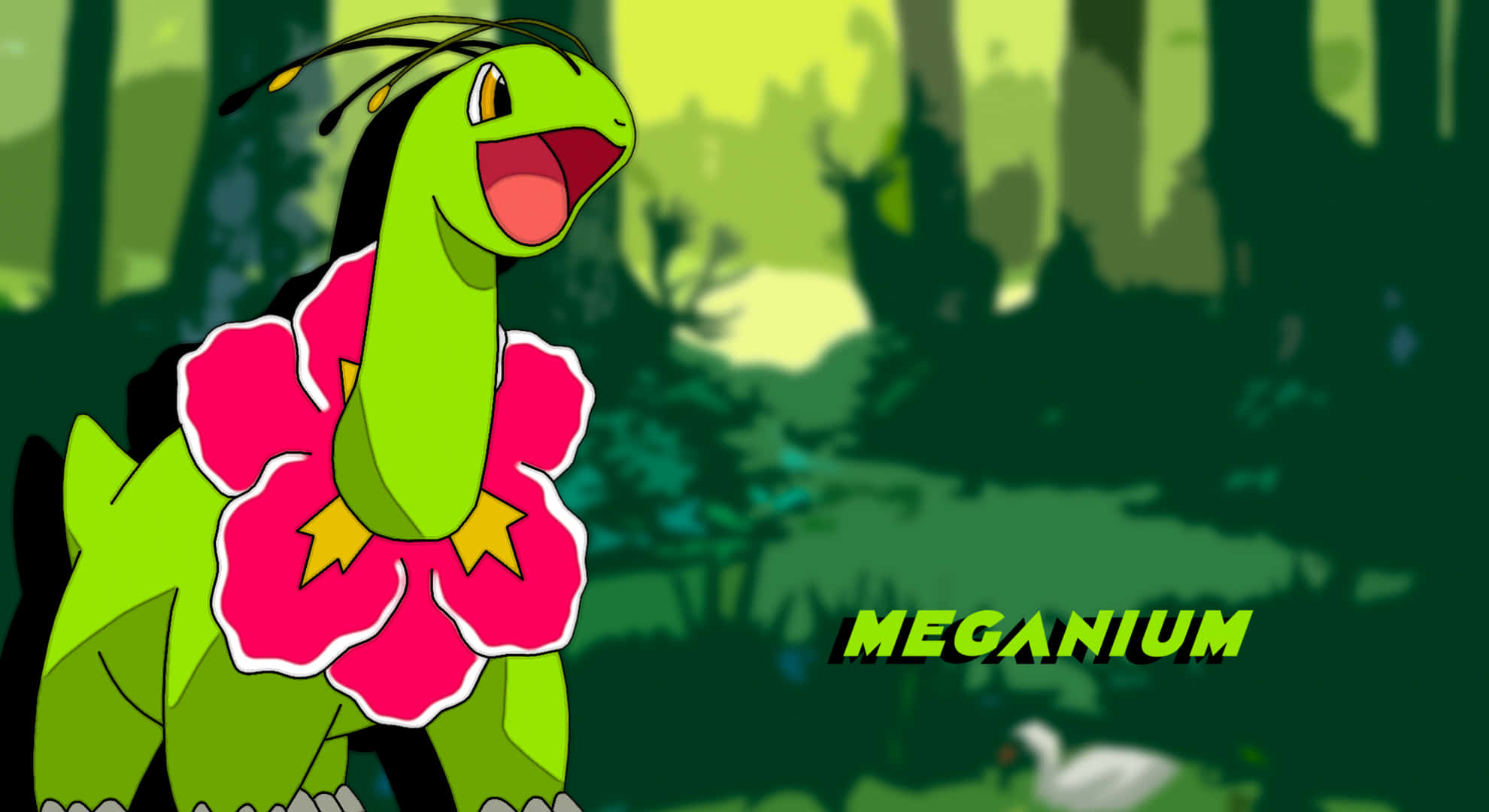 Meganium, green, pink flower collar, Full HD Desktop Wallpaper