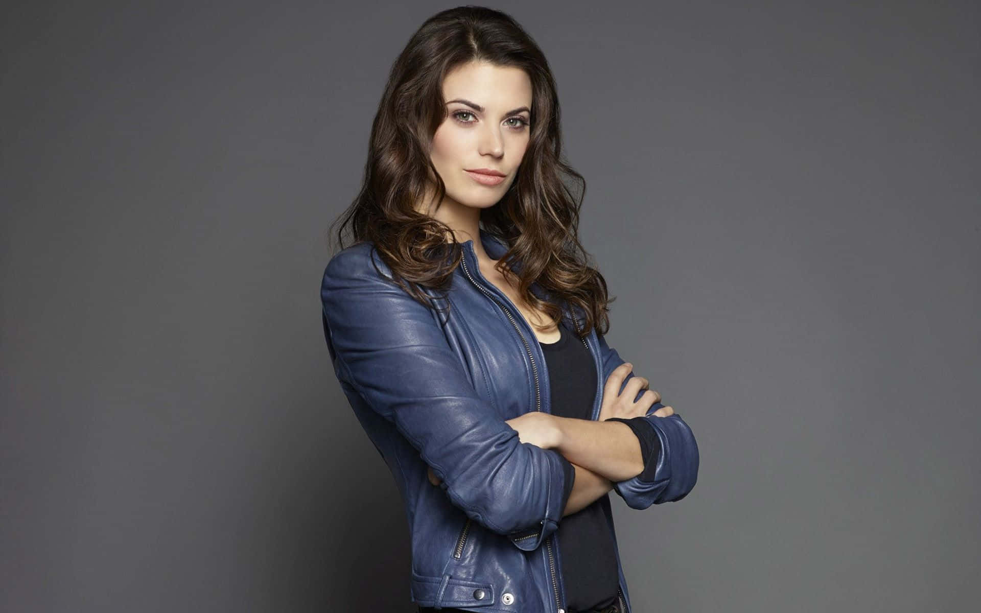 Meghan Ory, blue leather jacket, wavy brown hair, Full HD Desktop Wallpaper