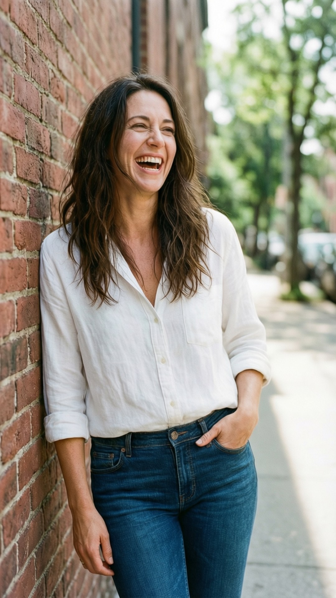 Meghan Ory, casual clothes, brick wall, Full HD Phone Wallpaper