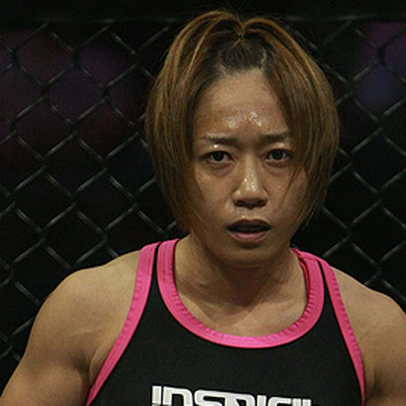 Megumi Fujii, pink-trimmed black tank top, dimly lit MMA octagon cage, HD Desktop Wallpaper