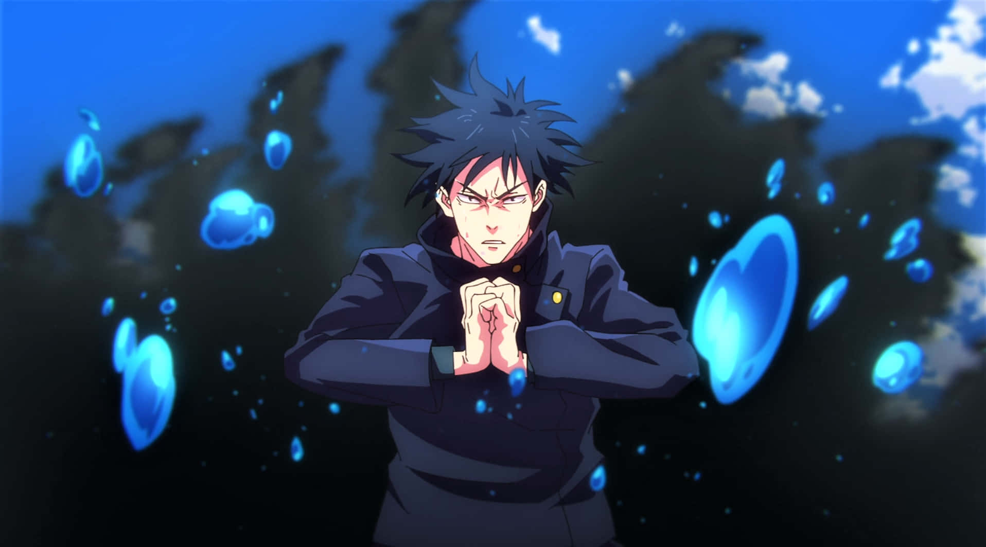 Megumi Fushiguro, spiky black hair, glowing blue orbs, HD Desktop Wallpaper