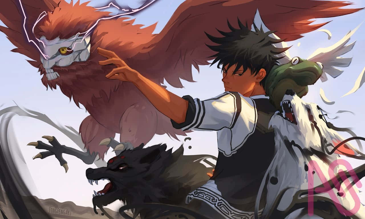 Megumi Fushiguro, shikigami, white wolf, HD Desktop Wallpaper